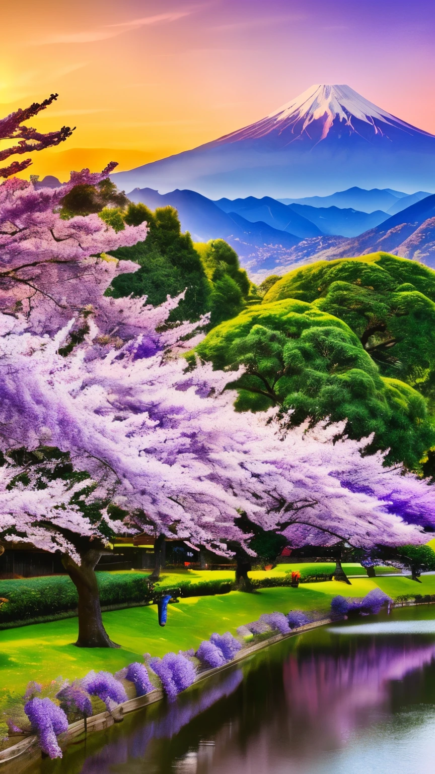 MDJRNY-PPRCT, japanese architecture, cherry blossoms, Wisteria, flower garden, mountains and rivers, cloud (high details: 1.2)、sunset、sunset、sunrise