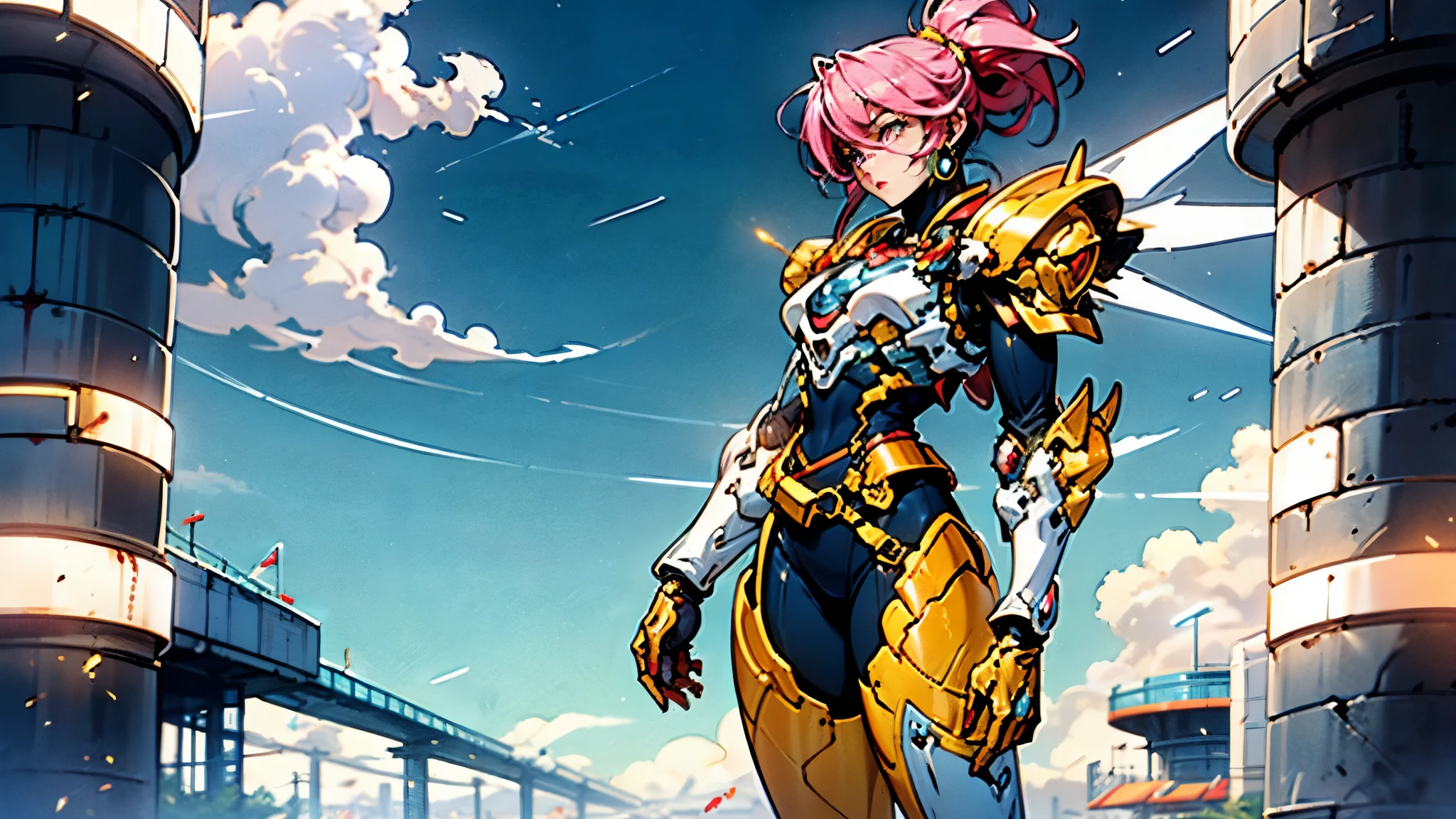 A woman adorned in fantasy-style full-body armor, a crown-concept fully enclosed helmet that unveils only her eyes, a composite layered chest plate, fully encompassing shoulder and hand guards, a lightweight waist armor, form-fitting shin guards, the overall design is heavy-duty yet flexible, ((the armor gleams with a golden glow, complemented by red and blue accents)), exhibiting a noble aura, she floats above a fantasy-surreal high-tech city, this character embodies a finely crafted fantasy-surreal style armored hero in anime style, exquisite and mature manga art style, (Queen bee mixed with Spider concept Armor, plasma, blood), ((Element, energy, elegant, goddess, femminine:1.5)), metallic, high definition, best quality, highres, ultra-detailed, ultra-fine painting, extremely delicate, professional, anatomically correct, symmetrical face, extremely detailed eyes and face, high quality eyes, creativity, RAW photo, UHD, 32k, Natural light, cinematic lighting, masterpiece-anatomy-perfect, masterpiece:1.5
