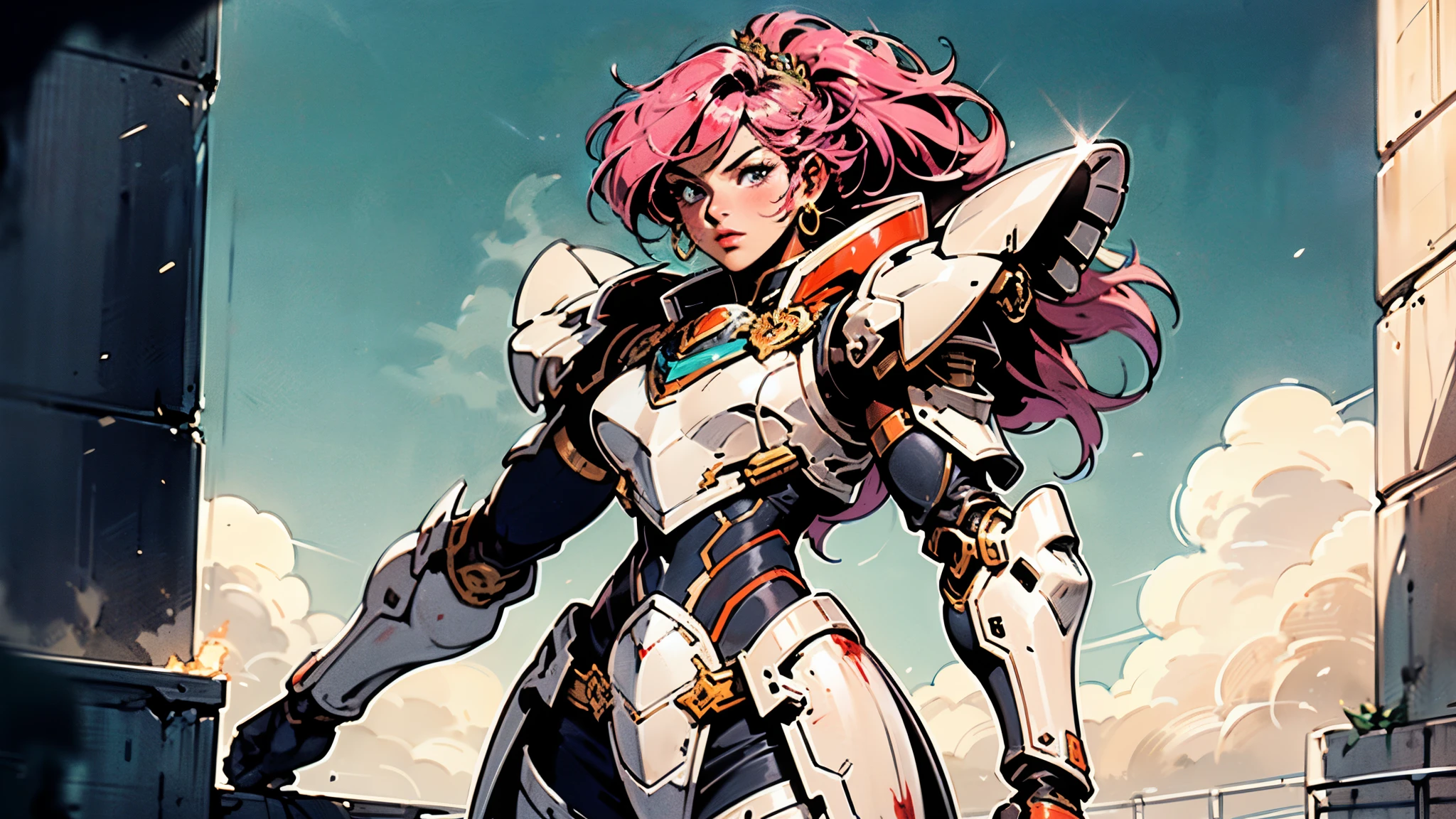 A woman adorned in fantasy-style full-body armor, a crown-concept fully enclosed helmet that unveils only her eyes, a composite layered chest plate, fully encompassing shoulder and hand guards, a lightweight waist armor, form-fitting shin guards, the overall design is heavy-duty yet flexible, ((the armor gleams with a golden glow, complemented by red and blue accents)), exhibiting a noble aura, she floats above a fantasy-surreal high-tech city, this character embodies a finely crafted fantasy-surreal style armored hero in anime style, exquisite and mature manga art style, (Queen bee mixed with Spider concept Armor, plasma, blood), ((Element, energy, elegant, goddess, femminine:1.5)), metallic, high definition, best quality, highres, ultra-detailed, ultra-fine painting, extremely delicate, professional, anatomically correct, symmetrical face, extremely detailed eyes and face, high quality eyes, creativity, RAW photo, UHD, 32k, Natural light, cinematic lighting, masterpiece-anatomy-perfect, masterpiece:1.5