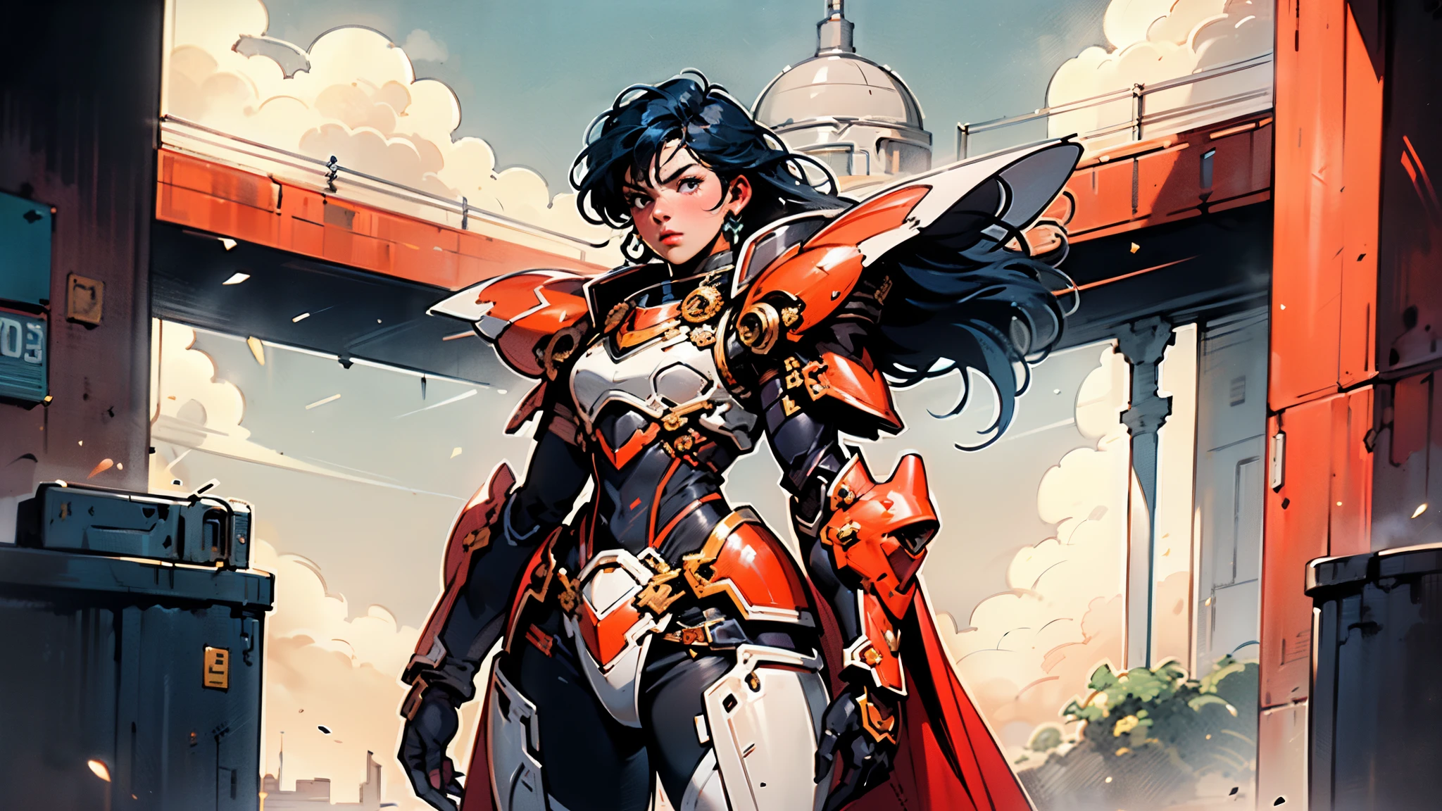 A woman adorned in fantasy-style full-body armor, a crown-concept fully enclosed helmet that unveils only her eyes, a composite layered chest plate, fully encompassing shoulder and hand guards, a lightweight waist armor, form-fitting shin guards, the overall design is heavy-duty yet flexible, ((the armor gleams with a golden glow, complemented by red and blue accents)), exhibiting a noble aura, she floats above a fantasy-surreal high-tech city, this character embodies a finely crafted fantasy-surreal style armored hero in anime style, exquisite and mature manga art style, (Queen bee mixed with Spider concept Armor, plasma, blood), ((Element, energy, elegant, goddess, femminine:1.5)), metallic, high definition, best quality, highres, ultra-detailed, ultra-fine painting, extremely delicate, professional, anatomically correct, symmetrical face, extremely detailed eyes and face, high quality eyes, creativity, RAW photo, UHD, 32k, Natural light, cinematic lighting, masterpiece-anatomy-perfect, masterpiece:1.5