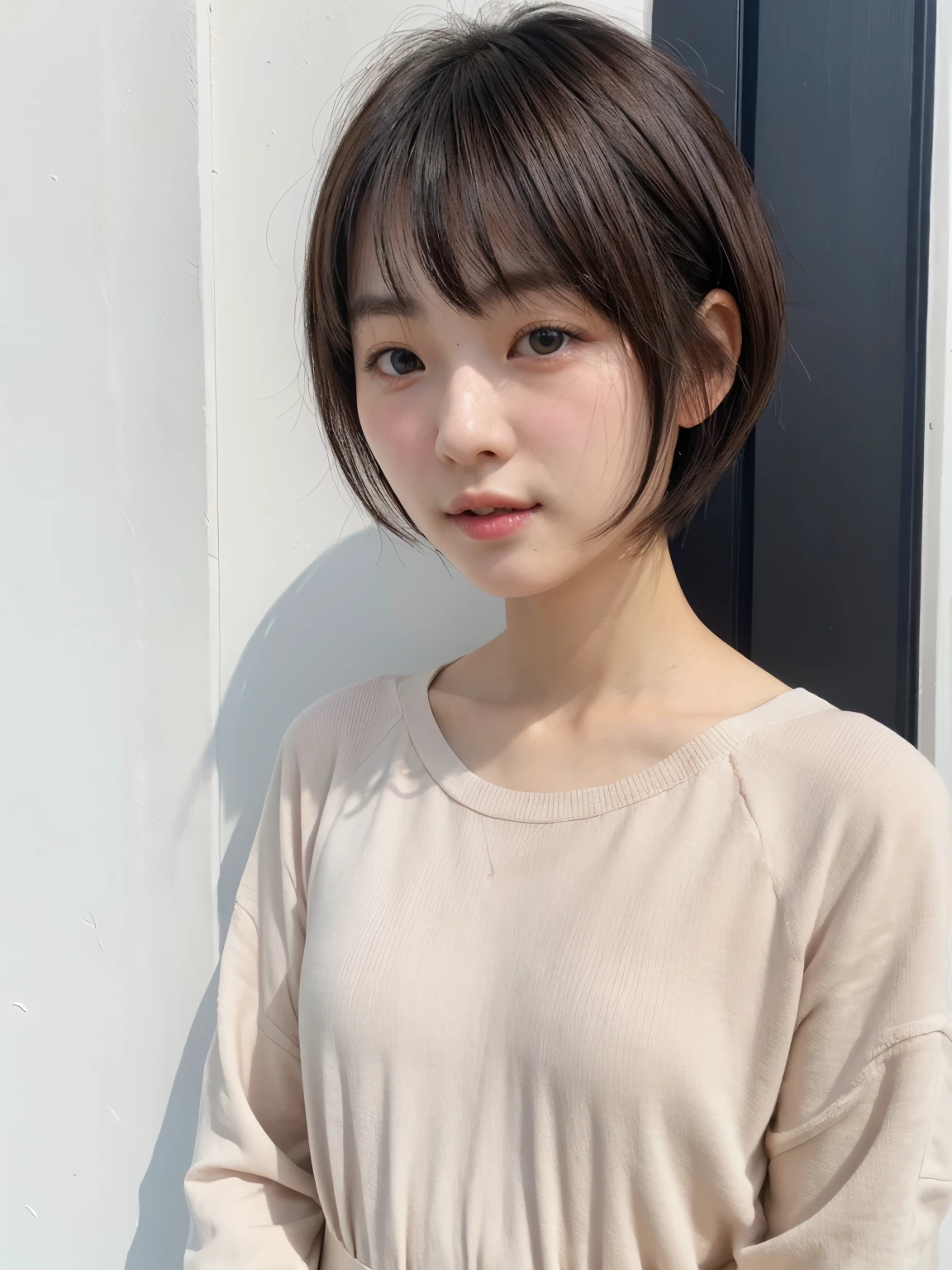 table top、japanese woman、RAW photo (30 year old girl),Black long sleeve dress,realistic skin, (high detail skin:1.2),Taken in front of the white door,spring colors,realistic, film grain,bright colors,beautiful face,soft natural light、shortcut、short hair