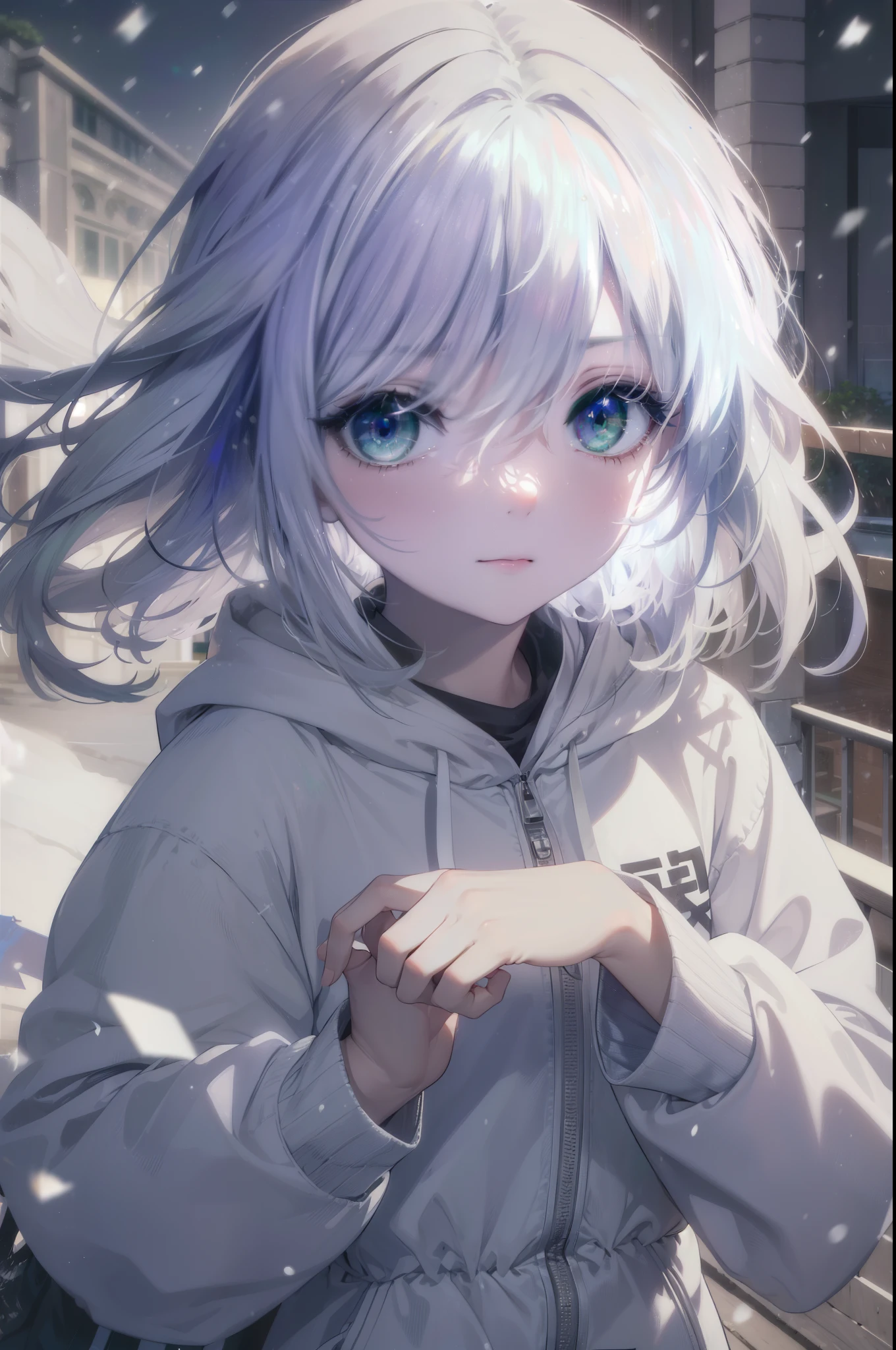index, index, (green eyes:1.5), silver hair, long hair,smile, (flat chest:1.2),White Long Hoodie,gray long skirt,sneakers,Both hands are in the pockets of the hoodie,winter,cold sky,It's snowing,morning,morning日,日の出
break looking at viewer, Upper body, whole body,
break outdoors, garden,
break (masterpiece:1.2), highest quality, High resolution, unity 8k wallpaper, (figure:0.8), (detailed and beautiful eyes:1.6), highly detailed face, perfect lighting, Very detailed CG, (perfect hands, perfect anatomy),