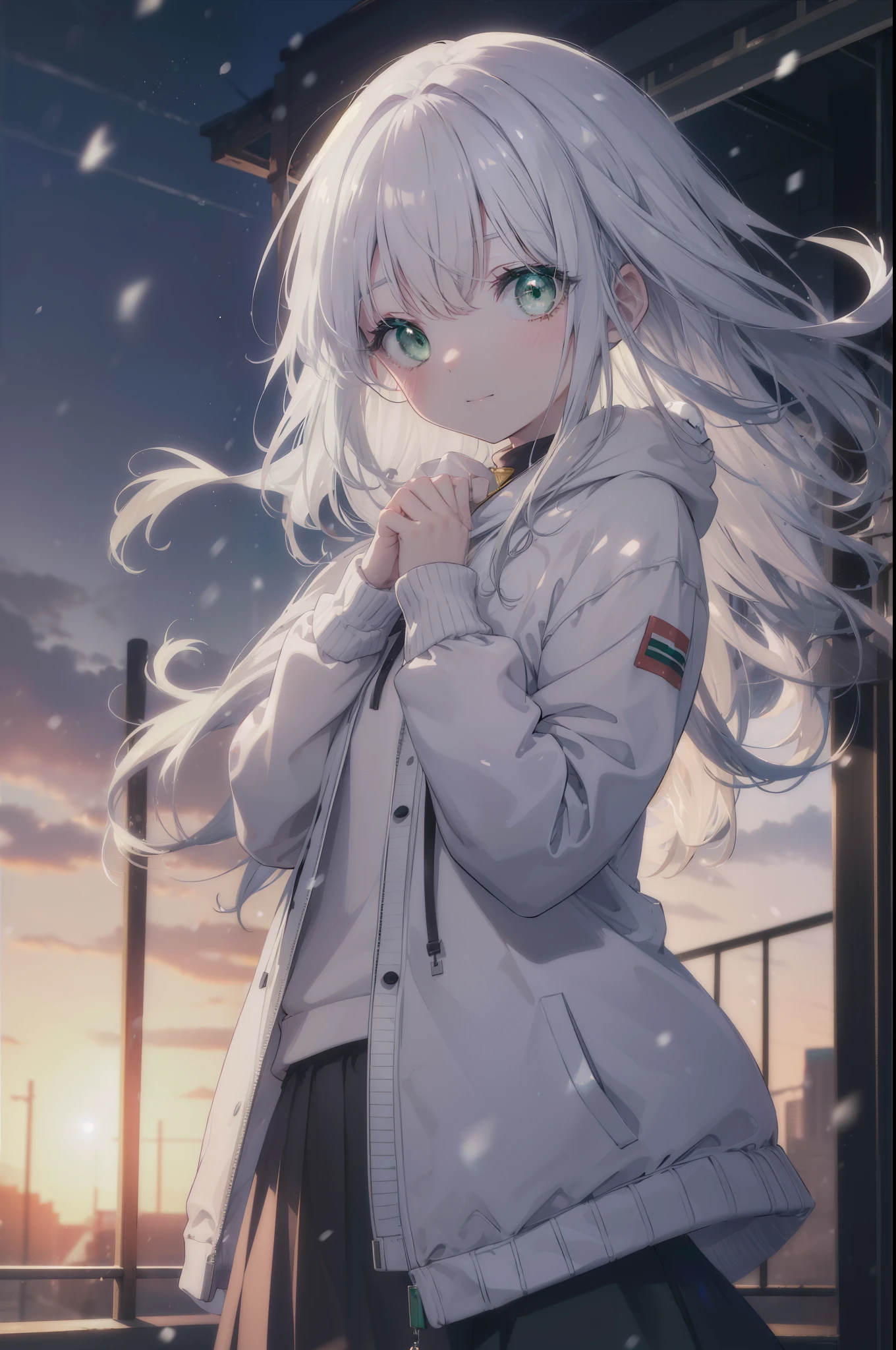 index, index, (green eyes:1.5), silver hair, long hair,smile, (flat chest:1.2),White Long Hoodie,gray long skirt,sneakers,Both hands are in the pockets of the hoodie,winter,cold sky,It's snowing,morning,morning日,日の出
break looking at viewer, Upper body, whole body,
break outdoors, garden,
break (masterpiece:1.2), highest quality, High resolution, unity 8k wallpaper, (figure:0.8), (detailed and beautiful eyes:1.6), highly detailed face, perfect lighting, Very detailed CG, (perfect hands, perfect anatomy),