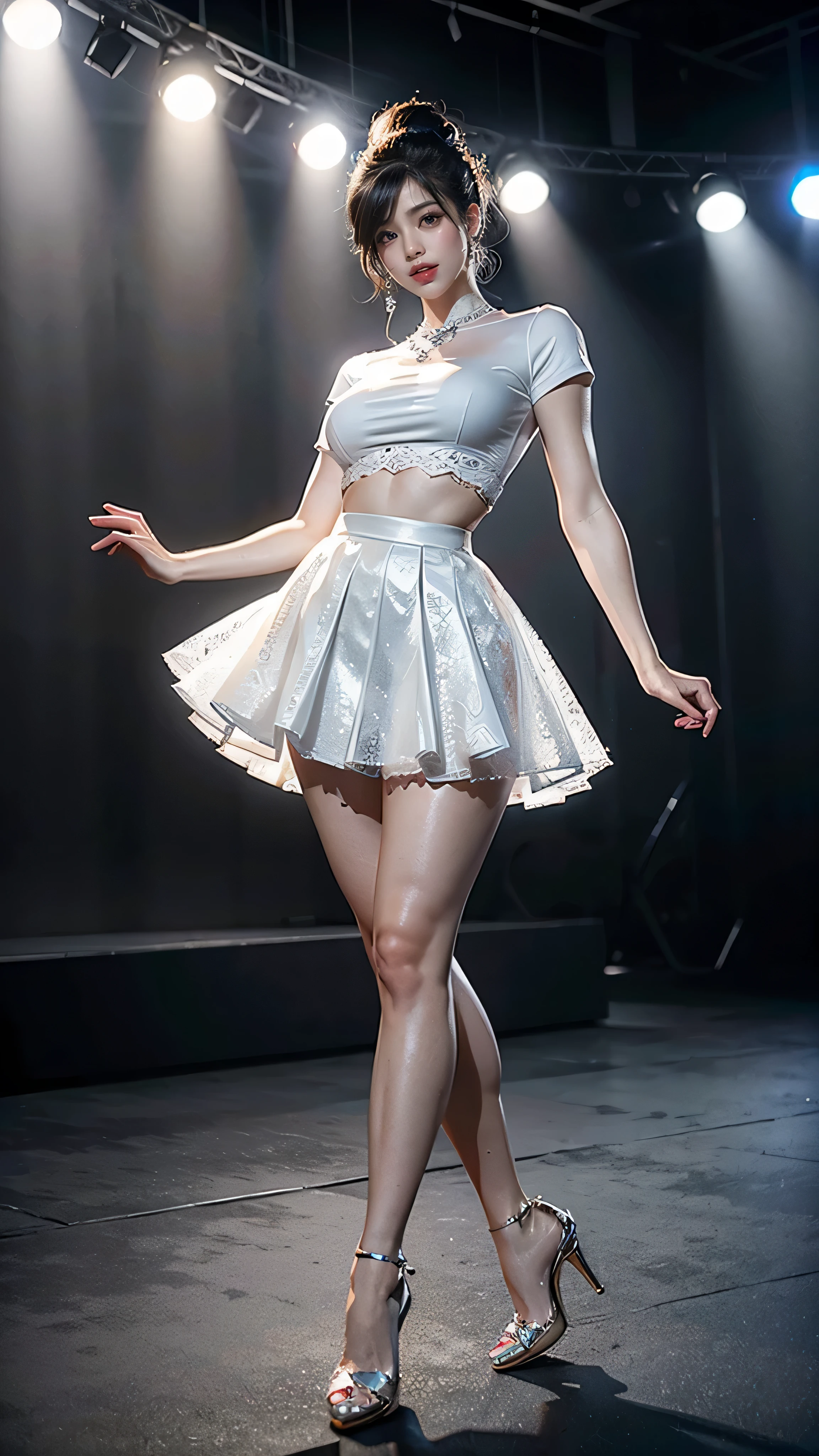 (masterpiece, best quality, realistically, Work, super detailed, 8k), ((Wide-angle lens, Full body female love)), 1 girl,Light makeup,Exquisite facial features,Smile,Exquisite crystal jewelry,Exquisite hairstyle, Pompadour hairstyle, curls,Correct finger structure,Lace white shirt,Cotton skirt,front standing posture ,facing the audience,full body portrait,gray background
