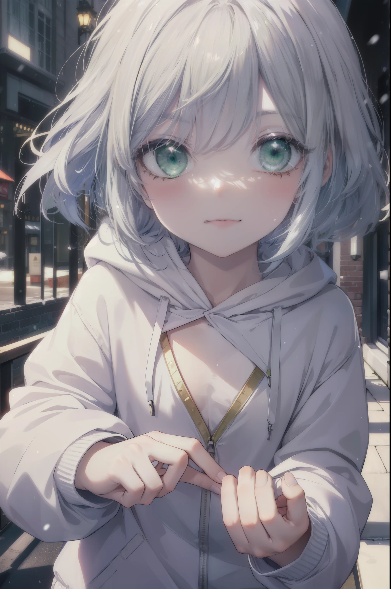 index, index, (green eyes:1.5), silver hair, long hair,smile, (flat chest:1.2),blush,smile,open your mouth,White Long Hoodie,gray long skirt,sneakers,Both hands are in the pockets of the hoodie,winter,cold sky,It&#39;s snowing,morning,morning日,日の出
break looking at viewer, Upper body, whole body,
break outdoors, garden,
break (masterpiece:1.2), highest quality, High resolution, unity 8k wallpaper, (figure:0.8), (detailed and beautiful eyes:1.6), highly detailed face, perfect lighting, Very detailed CG, (perfect hands, perfect anatomy),