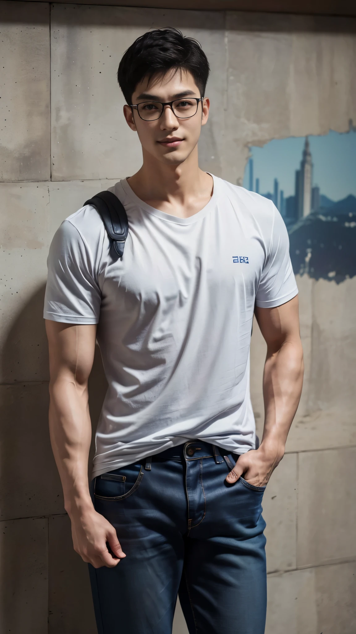 1 man, smile, full body, (Wear a white high-necked t-shirt.), Jeans, Korean people , korean men, (high glossy details), chest muscles, large arm muscles, blood vessel, big muscles, Broad shoulders, looking at the audience, Balancing the eyes, (Wear glasses), (Backpack), The background is a train station.