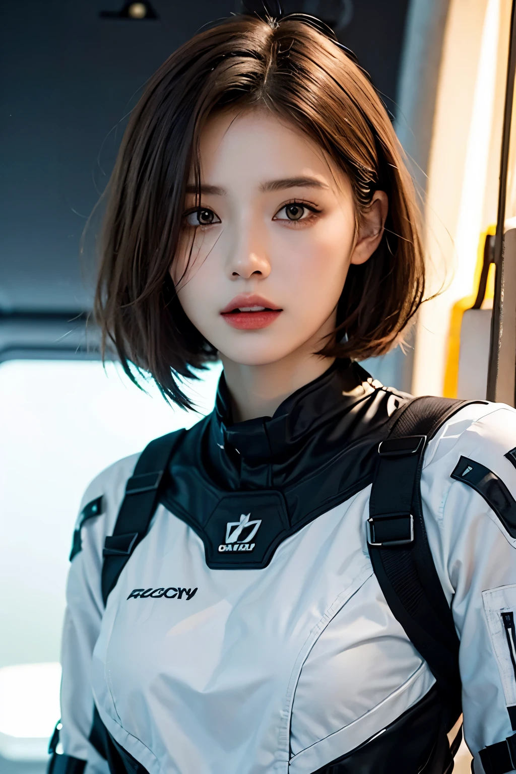 highest quality、masterpiece、ultra high resolution、(real:1.4)、Beautiful woman１、Beautiful details of eyes and skin、light brown short cut hair、perfect space suit、spaceship、macrocosm、Remains、rocky mountain、cloudy sky、