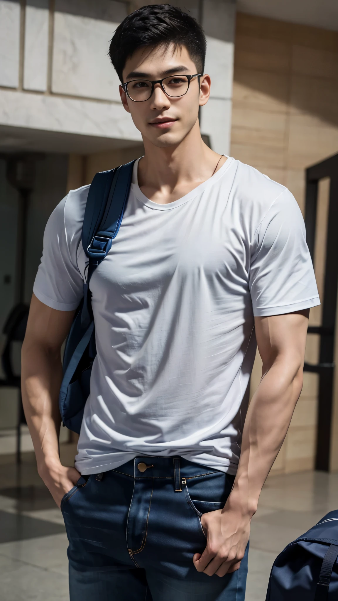 1 man, smile, full body, (Wear a white high-necked t-shirt.), Jeans, Korean people , korean men, (high glossy details), chest muscles, large arm muscles, blood vessel, big muscles, Broad shoulders, looking at the audience, Balancing the eyes, (Wear glasses), (Backpack), The background is a train station.