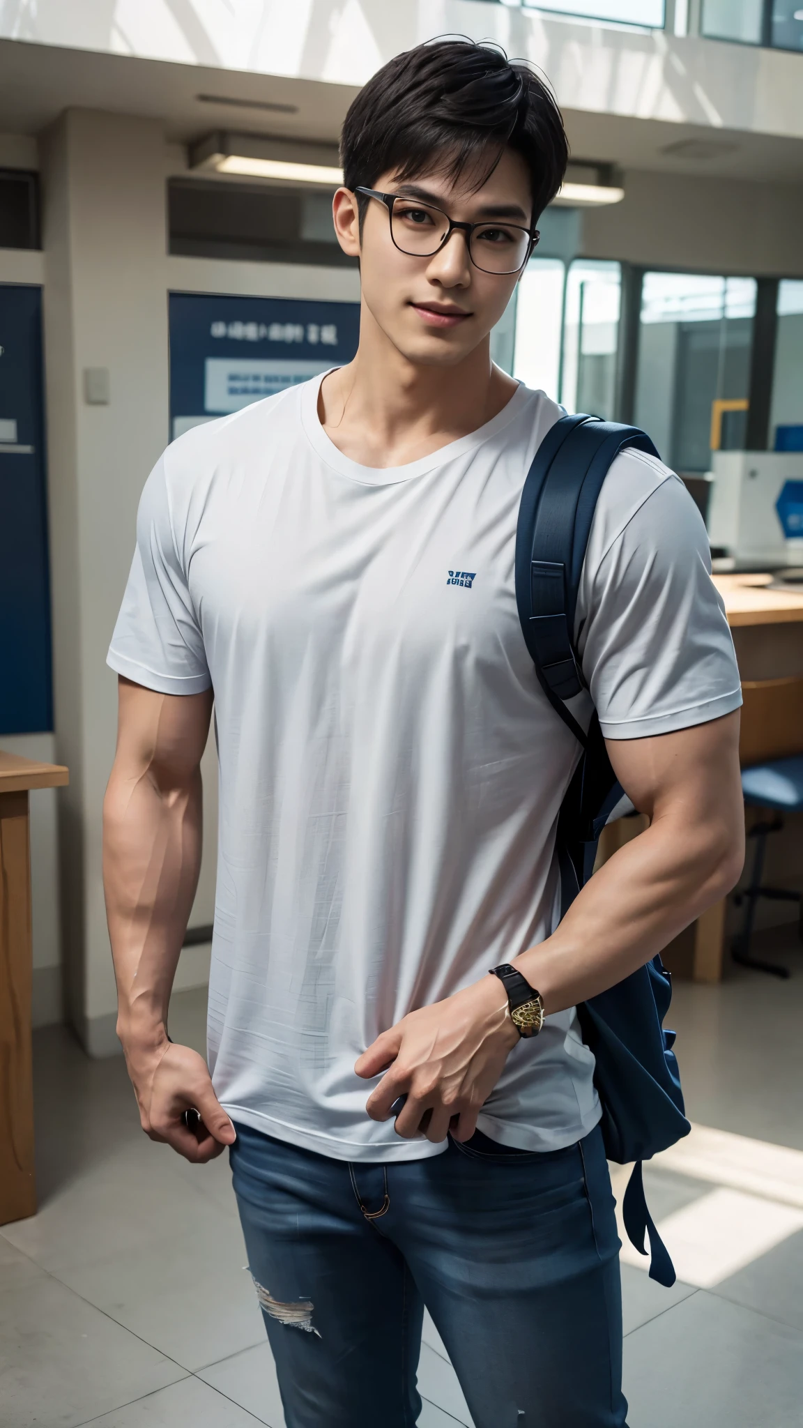 1 man, smile, full body, (Wear a white high-necked t-shirt.), Jeans, Korean people , korean men, (high glossy details), chest muscles, large arm muscles, blood vessel, big muscles, Broad shoulders, looking at the audience, Balancing the eyes, (Wear glasses), (Backpack), The background is a train station.