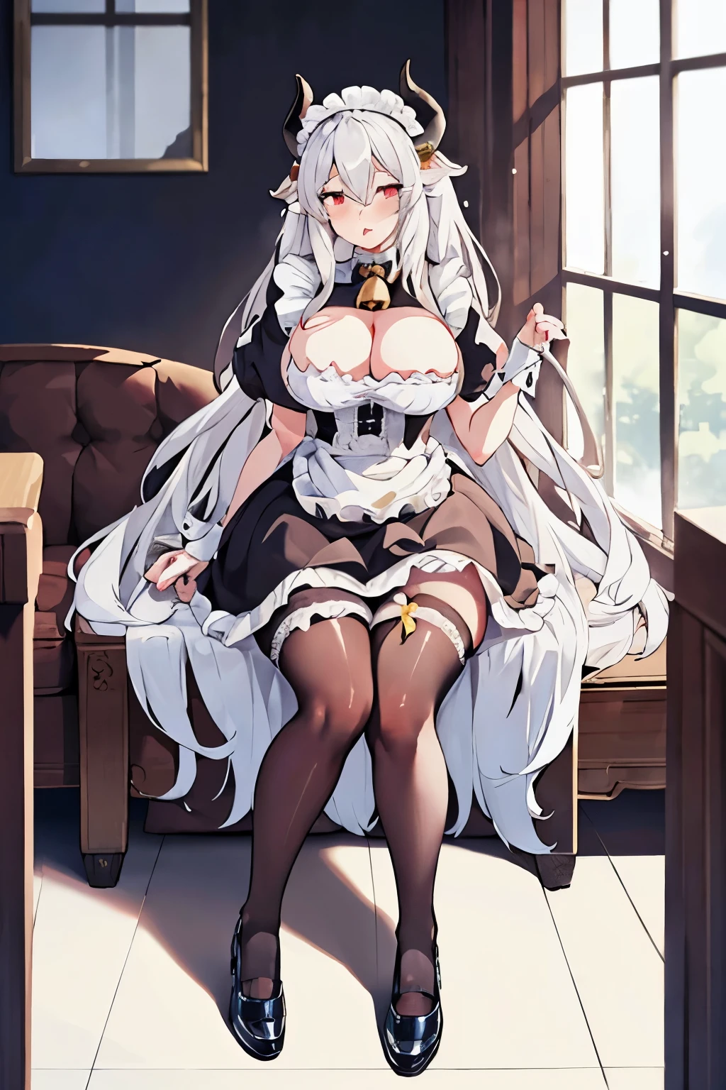 girl (Long fluffy white hair) , kawaii eyes , mistress , lustful wife, horns ,Collar big Bell ,Beautiful thighs ,big bust , Smooth abdomen , maid attire, black pantyhose, student shoes ,