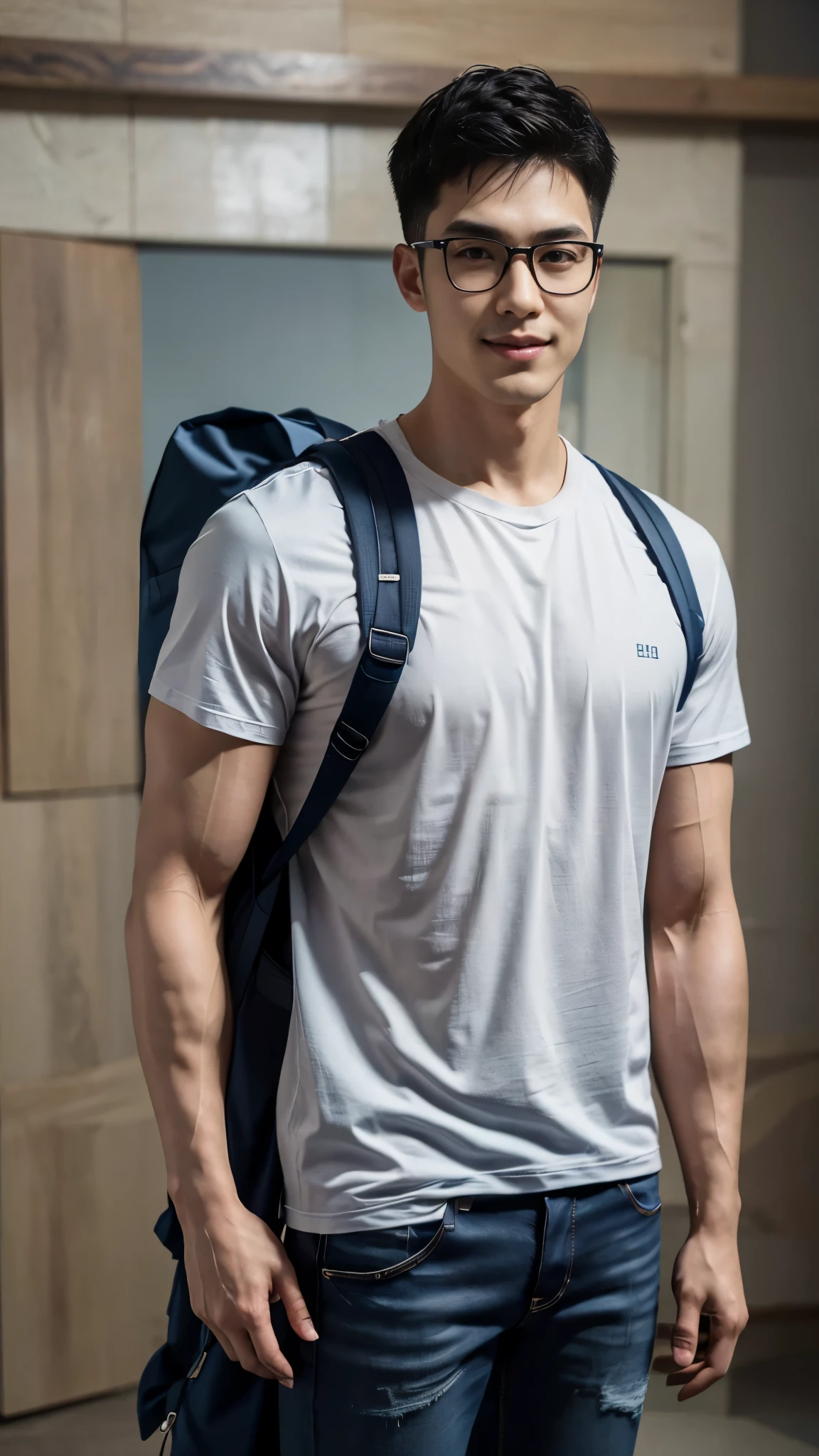 1 man, smile, full body, (Wear a white high-necked t-shirt.), Jeans, Korean people , korean men, (high glossy details), chest muscles, large arm muscles, blood vessel, big muscles, Broad shoulders, looking at the audience, Balancing the eyes, (Wear glasses), (Backpack), The background is a train station.