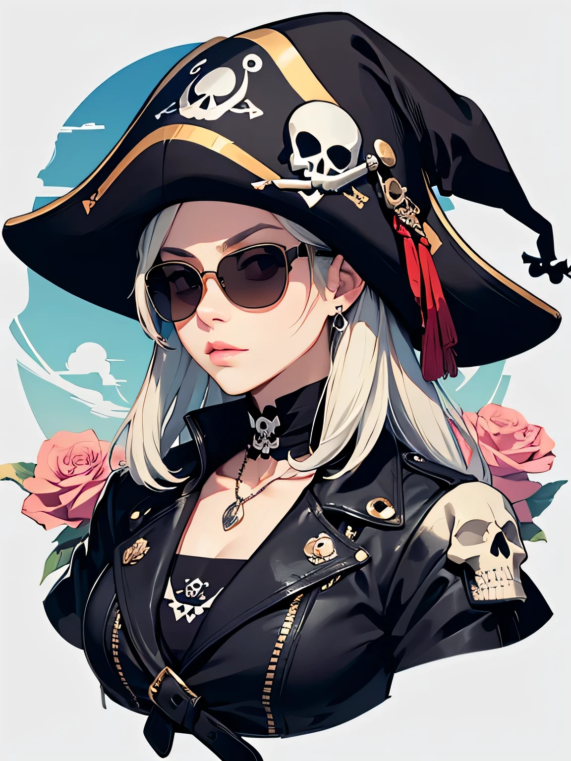 stylish design, cute lovely pirate skull, focus on the face, Stylish sunglasses, Fashionable hats, beautiful flower, highest quality