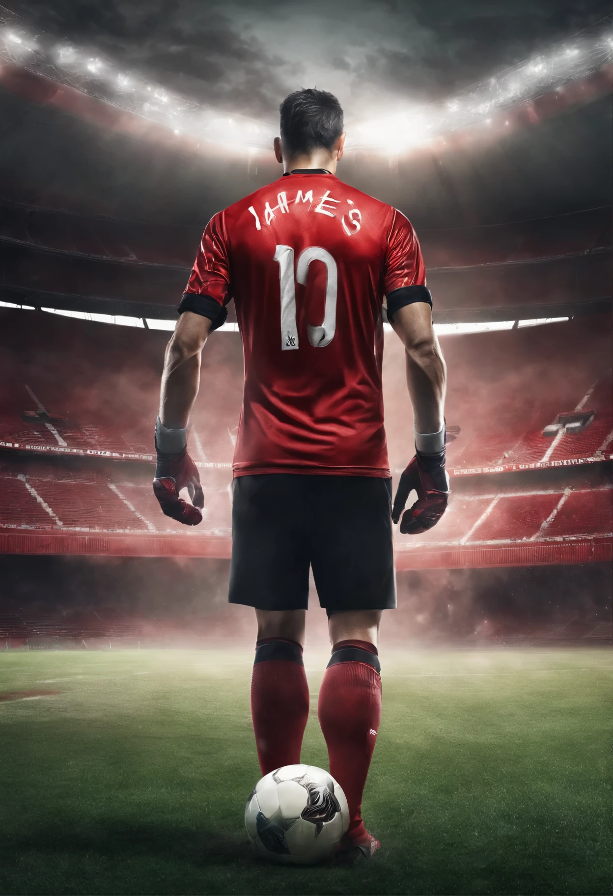 An epic wallpaper for PC featuring a legendary goalkeeper walking onto the pitch of a soccer stadium with a red fog surrounding the player for a soccer team wearing a black goalkeeper uniform with red details. + guantes de portero negros + team captain's armband, young, handsome, black Chinese hair, with the team's captain's armband with the name James, with number 1, with his back to the camera