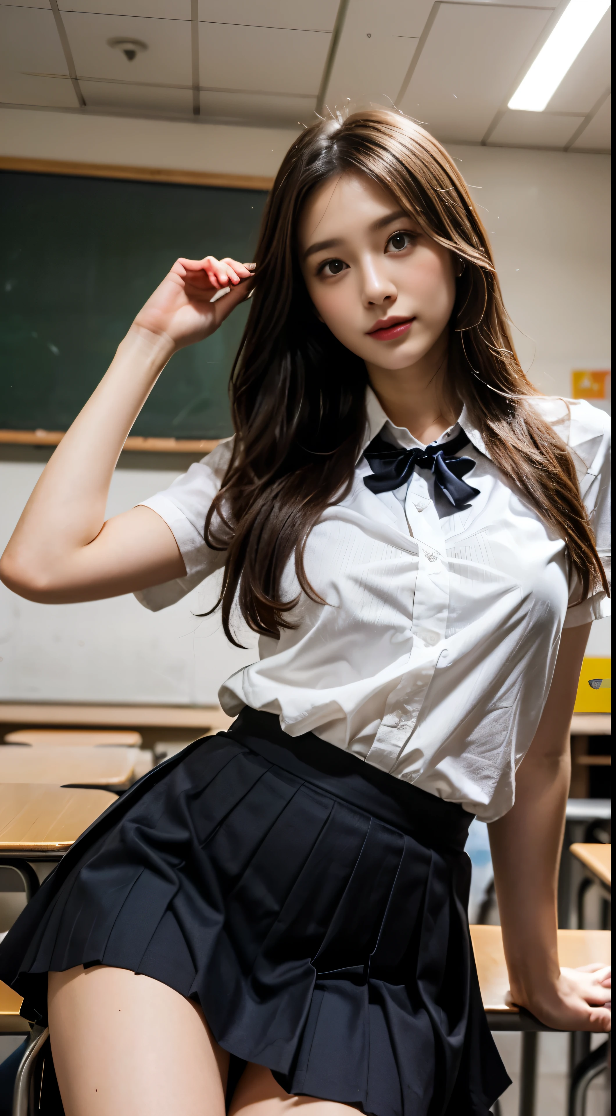 (1 girl), (sexy look:1.5), (flat chest:1.3), (very detailed目, very detailed顔), (超realistic, High resolution), (highest quality:1.4), (hyper quality), realistic skin texture, RAW photo, (realistic, Photoreal:1.37), very detailed, professional photography, (school uniform, pleated skirt:1.3), (look at me), (School, classroom), ((Meet me face to face:1.4)), (((Please hold the hem of your skirt and show me your pants.:1.4))), (from below:1.3), realistic private parts, lace panties, Japanese high school girl、超highest quality、masterpiece、超High resolution、Depth of written boundary、(Photoreal:1.4)、(Award-winning photo、信じられないほどのmasterpiece:1.3) 、RAW photography、golden ratio、Highly detailed CG Unity 8k wallpaper、detailed and complex、original、High resolution、RAW photo、(perfect body shape)、detailed and complex、Digital single-lens reflex camera、soft writing、(background person blur:1.1)、Sigma 85mmF/1.4、50mm Lenac lighting、nffsw、hyper real、color grade, Rear view,from below:1.3), Open your legs and show me your real pussy, 