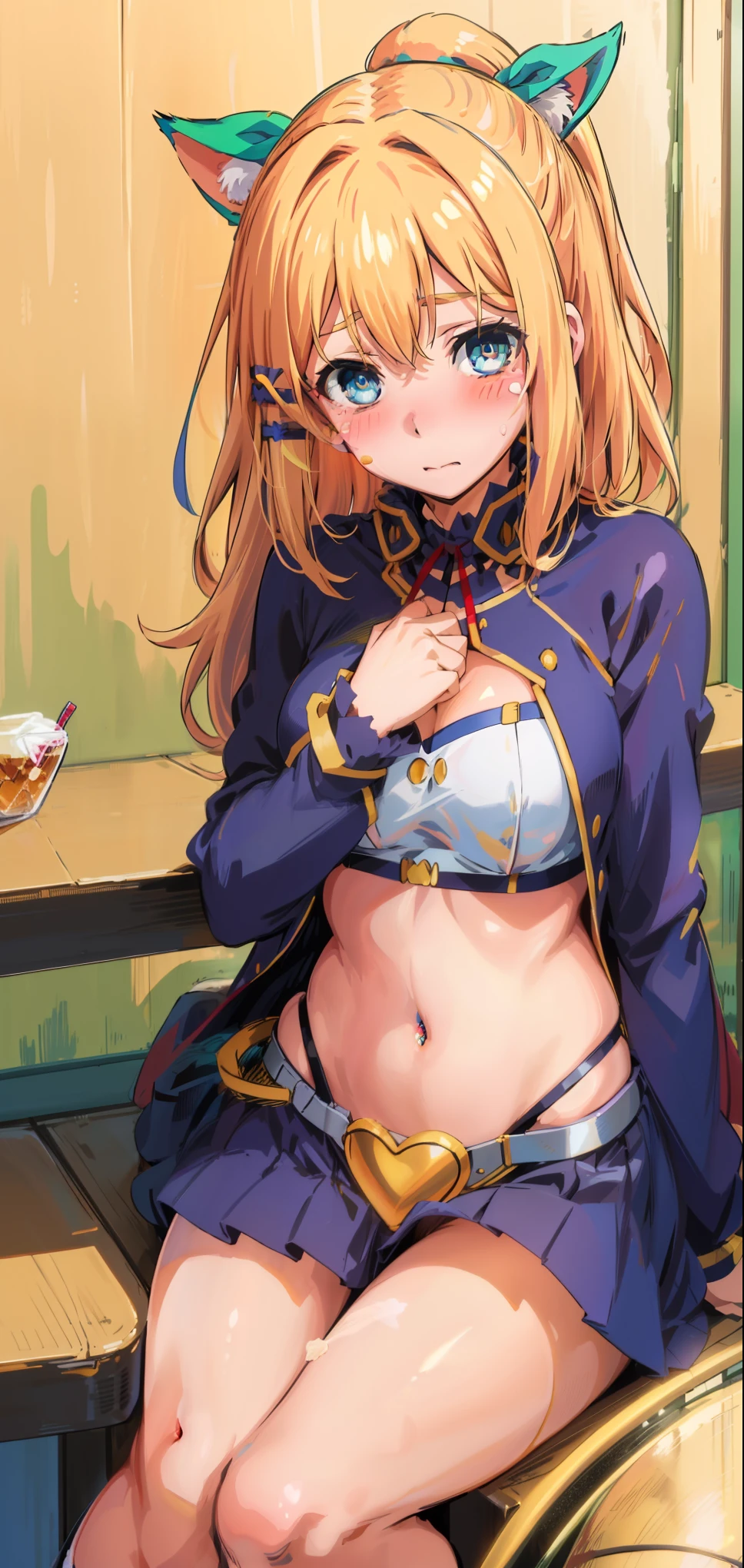 best quality, (masterpiece:1.2), detailed, medieval,
Rumia Tingel,
1girl, solo, ((blush)),
medium hair, blonde hair, short ponytail, blue eyes, green bow, x hair ornament,
((( blue eyes, ultra-detailed eyes))),
Dynamic pose, ((blush)), medium breasts, medium hair, background, perfect anatomy, healthy skin, glowing eyes, cat ears. ((((sitting in a bar)))). ((((( navel, healthy skin))))), confident. ((((Cum, cum on face, sex, blowjob)))).,(((((( trembling, speech bubble, symbols))))))