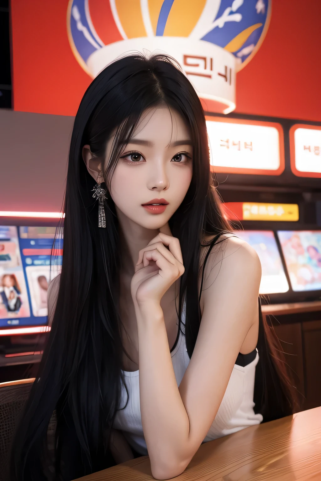 korean, Holbok, black hair, straight hair, karaoke, pretty, cute, realistic, big, attractive