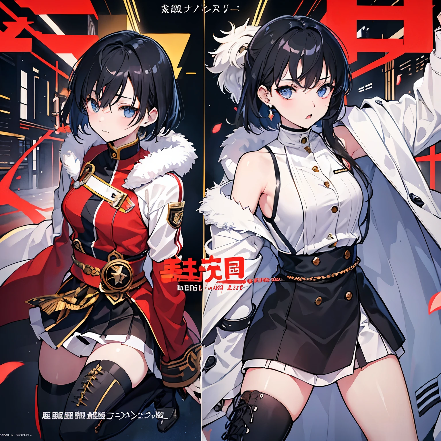 ((8K resolution))、((highest quality))、((masterpiece))、((Super detailed)) highest quality, masterpiece, 1 girl, alone,cat eyes、earrings、black hair、short hair、woman、neutral、cool、skinny、military jacket、fur、boots、(((dramatic)))、(((rough)))、(((intense)))) テキストはBoldで目を引く、catchy slogans add to the overall drama and excitement、 photography、Tachi- e(magazine:1.3)、(coverスタイル:1.3)、trend、focusing、stylish、majestic、coiled、surroundings、touch、scene、article、cover、Bold、to attract attention、title、fashion、font、catchy、title、big、to attract attention、modern