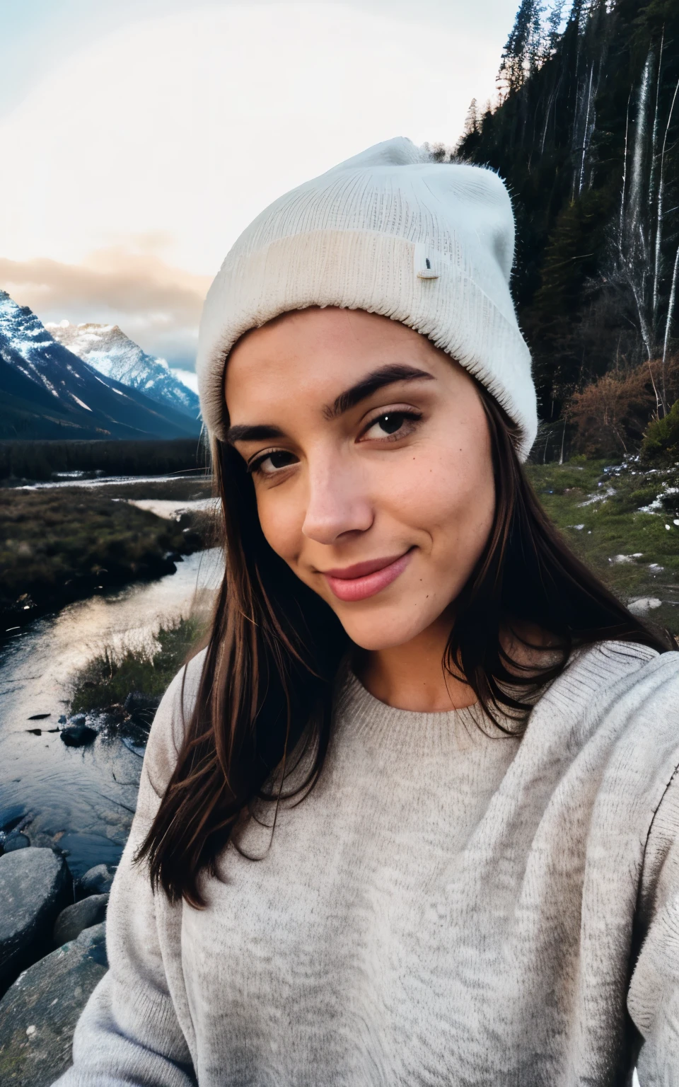 photorealistic, best quality, hyper detailed, beautiful woman, selfie photo, upper body, solo, wearing pullover, outdoors, (night), mountains, real life nature, stars, moon, (cheerful, happy), sleeping bag, gloves, sweater, beanie, flashlight, forest, rocks, river, wood, smoke, fog, clear sky, analog style, looking at viewer, skin texture, film grain, close up, ultra high res, best shadow, RAW, instagram LUT