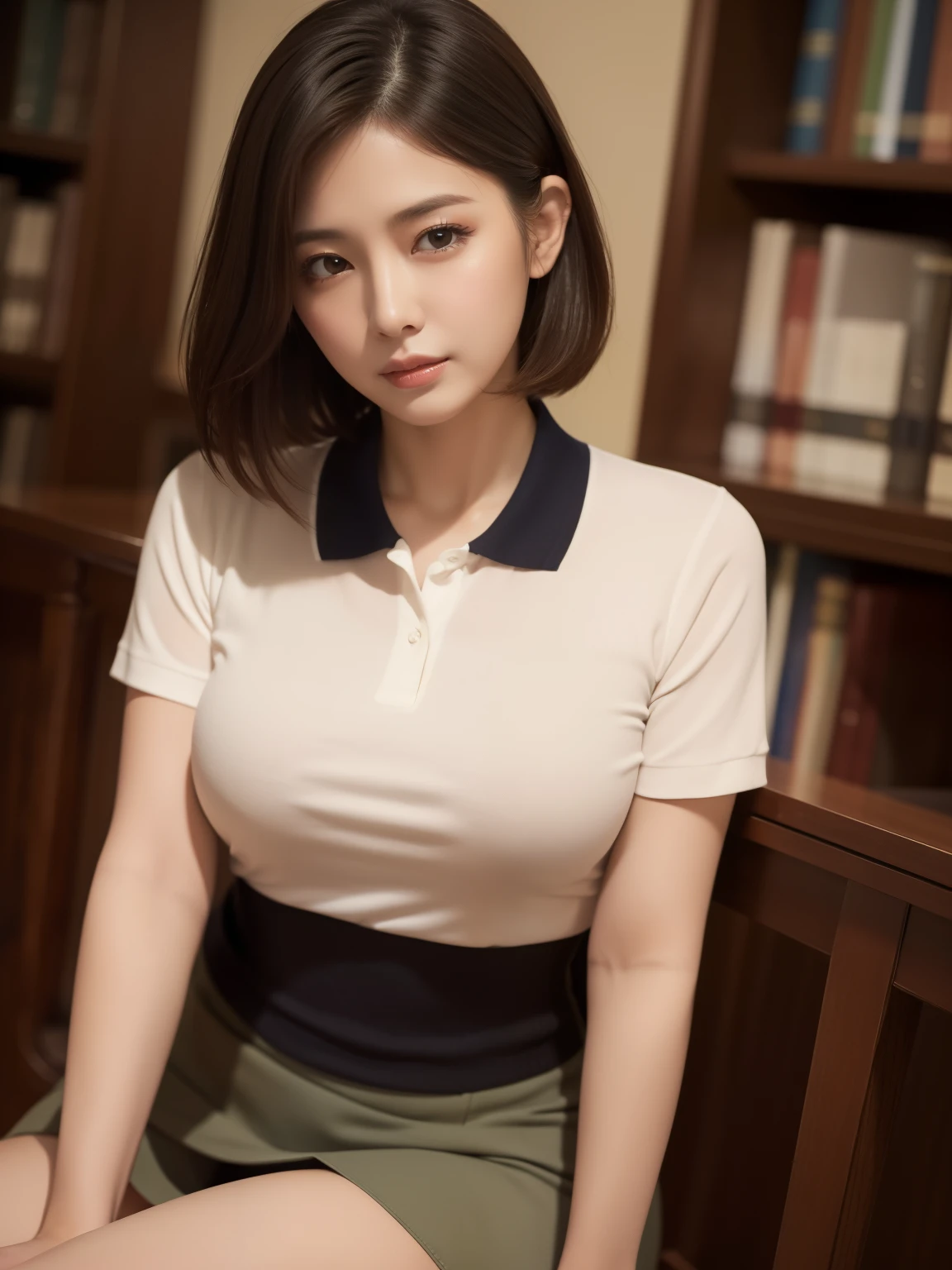((masterpiece))、((highest quality))、photograph、reality、High level image quality、Advanced depth of field、get used to it、realistic lighting、secretary、40 years old、delicate features、short hair、Realistic background and accessories、big and full breasts、sexy lips、quiet and dark library、A beige tight mesh polo shirt that expresses the roundness and softness of the chest...、unbutton、close、waist shot、shy、evening、attractive appearance、light smile、