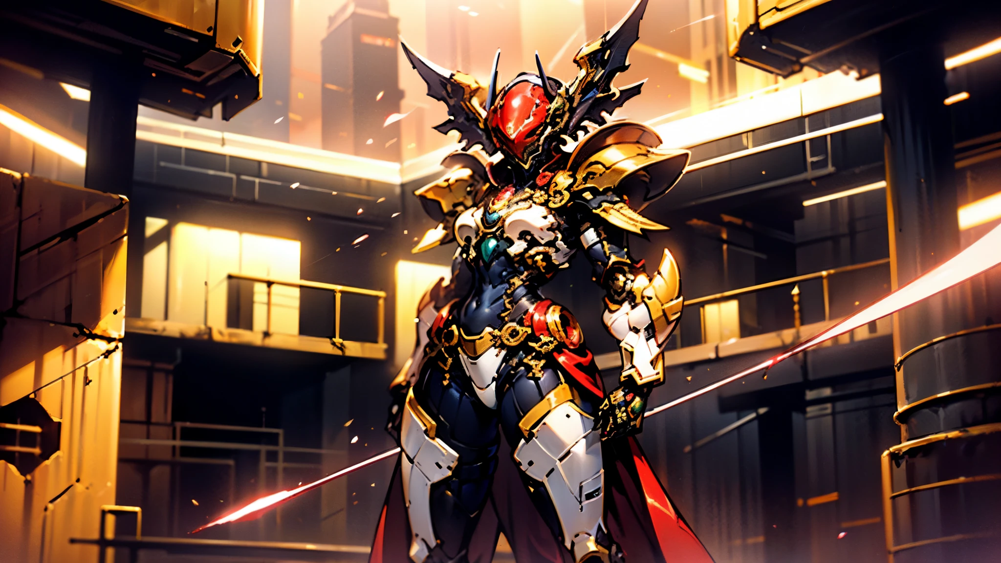 A woman adorned in fantasy-style full-body armor, a crown-concept fully enclosed helmet that unveils only her eyes, a composite layered chest plate, fully encompassing shoulder and hand guards, a lightweight waist armor, form-fitting shin guards, the overall design is heavy-duty yet flexible, ((the armor gleams with a golden glow, complemented by red and blue accents)), exhibiting a noble aura, she floats above a fantasy-surreal high-tech city, this character embodies a finely crafted fantasy-surreal style armored hero in anime style, exquisite and mature manga art style, (Queen bee mixed with Spider concept Armor, plasma, blood), ((Element, energy, elegant, goddess, femminine:1.5)), metallic, high definition, best quality, highres, ultra-detailed, ultra-fine painting, extremely delicate, professional, anatomically correct, symmetrical face, extremely detailed eyes and face, high quality eyes, creativity, RAW photo, UHD, 32k, Natural light, cinematic lighting, masterpiece-anatomy-perfect, masterpiece:1.5