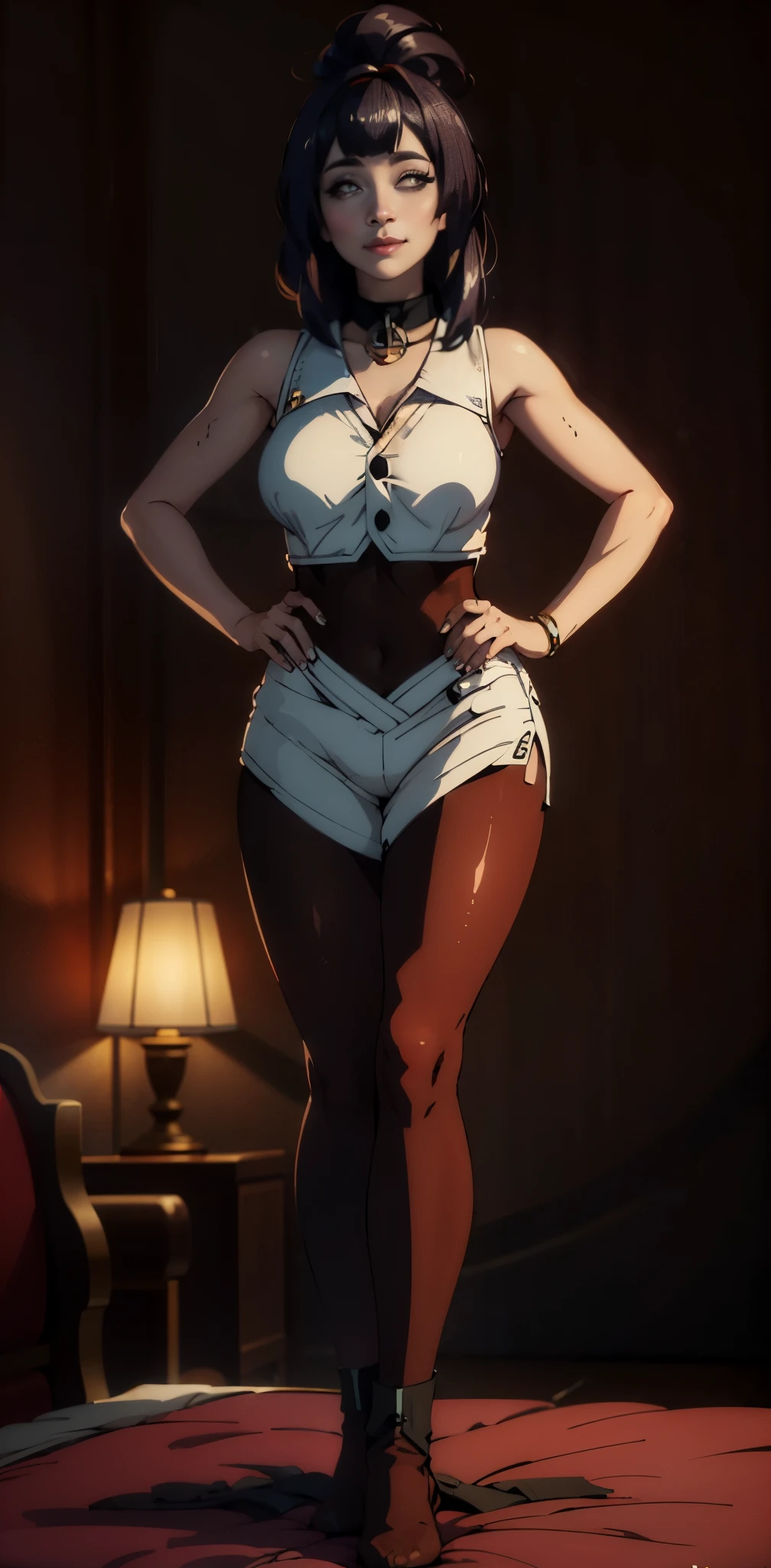 30 year lady, chest shot, black eyes, black hair, warm background, smirk