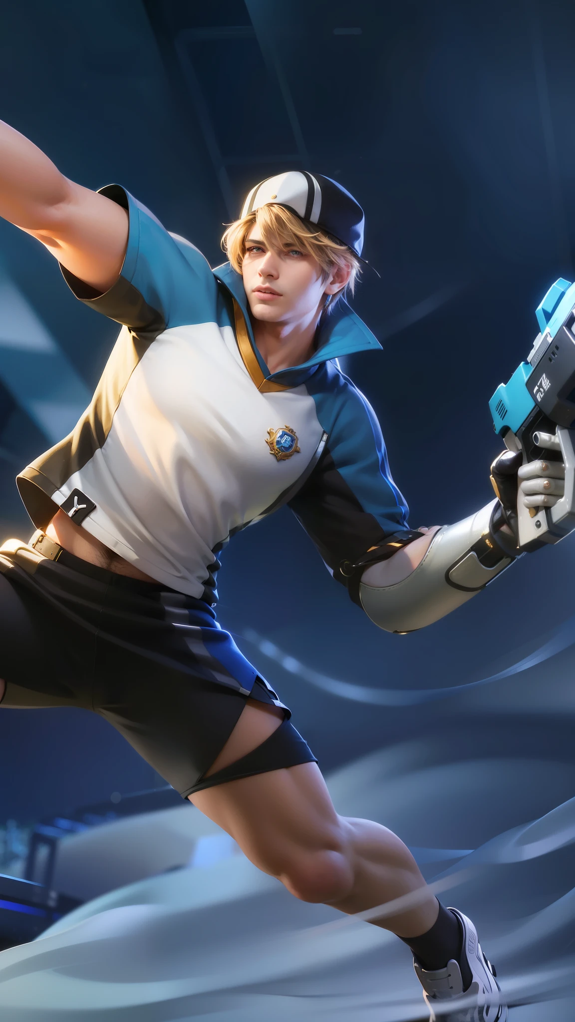 masculine male, masterpiece, ((perfect eyes)) best quality, (semirealism:1.9), beautiful lighting, (extremely detailed CG unity 4k fhd wallpaper), High Detail, Sharp focus, dramatic outdoors, 1 boy ,19 years old, brown hair, light purpel eyes, smile, there is a man with a gun.