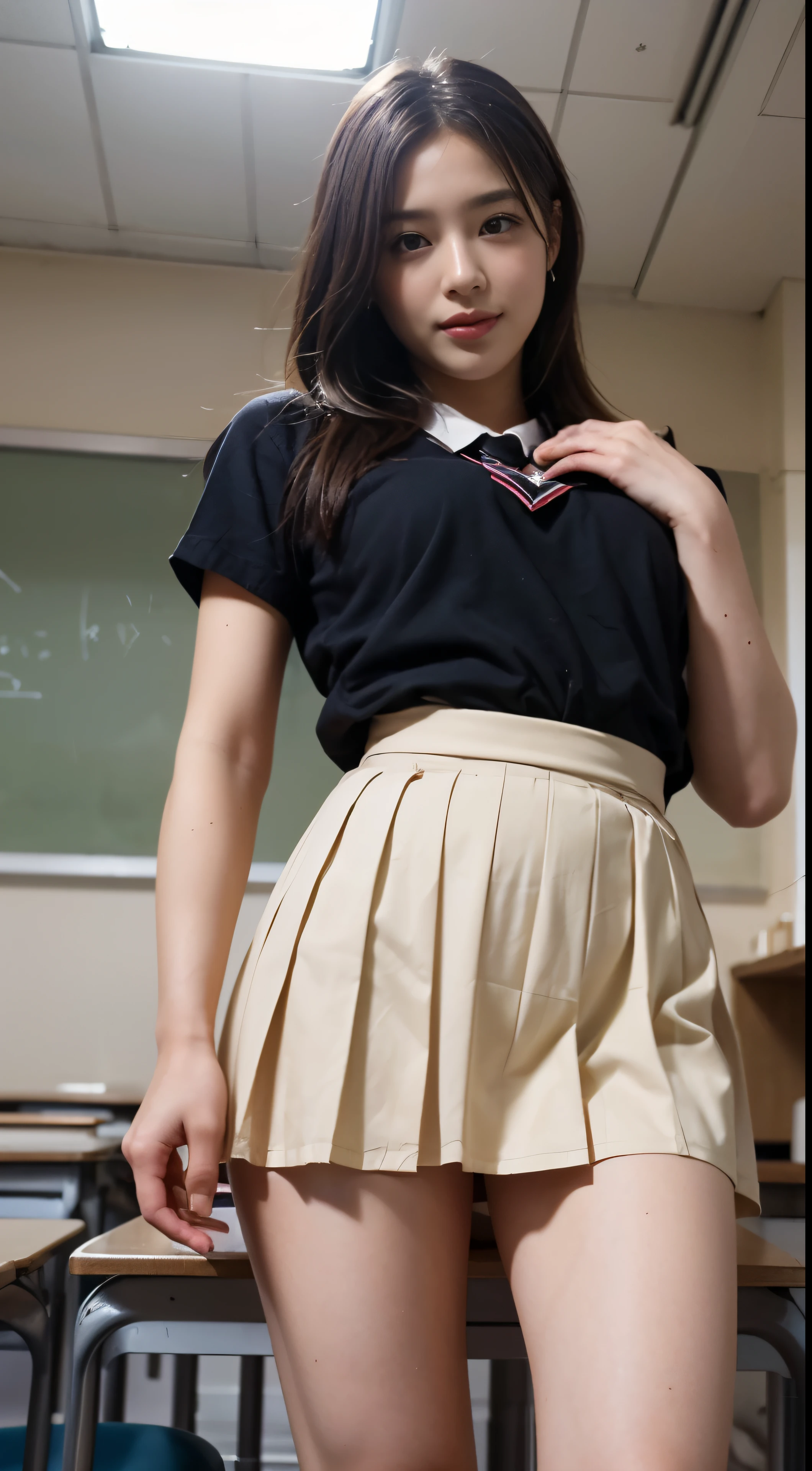(1 girl), (sexy look:1.5), (flat chest:1.3), (very detailed目, very detailed顔), (超realistic, High resolution), (highest quality:1.4), (hyper quality), realistic skin texture, RAW photo, (realistic, Photoreal:1.37), very detailed, professional photography, (school uniform, pleated skirt:1.3), (look at me), (School, classroom), ((Meet me face to face:1.4)), (((Please hold the hem of your skirt and show me your pants.:1.4))), (from below:1.3), realistic private parts, lace panties, Japanese high school girl、超highest quality、masterpiece、超High resolution、Depth of written boundary、(Photoreal:1.4)、(Award-winning photo、信じられないほどのmasterpiece:1.3) 、RAW photography、golden ratio、Highly detailed CG Unity 8k wallpaper、detailed and complex、original、High resolution、RAW photo、(perfect body shape)、detailed and complex、Digital single-lens reflex camera、soft writing、(background person blur:1.1)、Sigma 85mmF/1.4、50mm Lenac lighting、nffsw、hyper real、color grade, Rear view,from below:1.3), Open your legs and show me your real pussy,