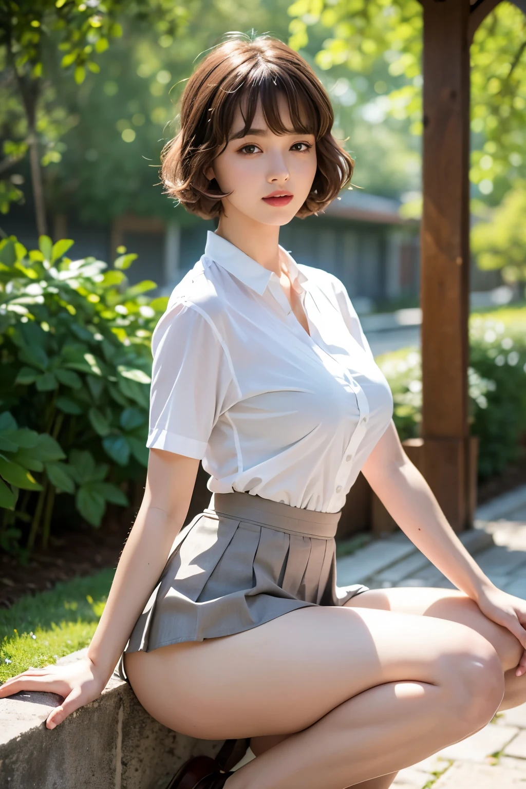 NSFW, 8k original photo, best quality, masterpiece, ultra high resolution, film grain, Movie, 1 girl, looking at the audience, natural skin texture, Realistic eyes and facial details, full lips, lipstick, (cosmetics), red eye shadow, fluffy short hair, messy hair, Smile, shut up, beautiful leg, tall girl, skinny, Slim_leg, alone, huge breasts, split, Position your hips toward you, miniskirt, yes, shirt, beautiful natural location, Around the flower location, (Detailed background), lattice skirt, white shirt, huge breasts, split, Show a little split through the shirt, Loafers, vague background, vague, Keep, lattice, short sleeves, jk ribbon on the neck, jk ribbon, brown hair, bracelet, water, Bangs, Uniforms, jewelry, parted lips, lips, from the side, pleated skirt, depth of field