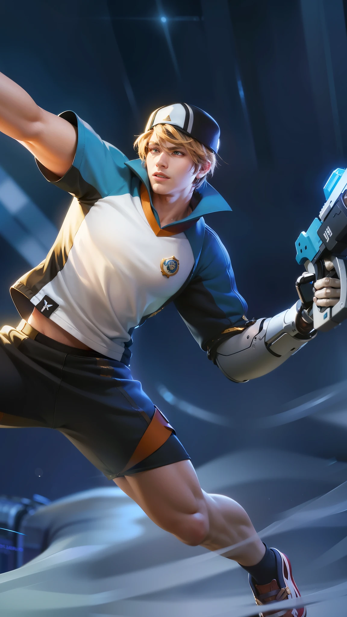 masculine male, masterpiece, ((perfect eyes)) best quality, (semirealism:1.9), beautiful lighting, (extremely detailed CG unity 4k fhd wallpaper), High Detail, Sharp focus, dramatic outdoors, 1 boy ,19 years old, brown hair, light purpel eyes, smile, there is a man with a gun.