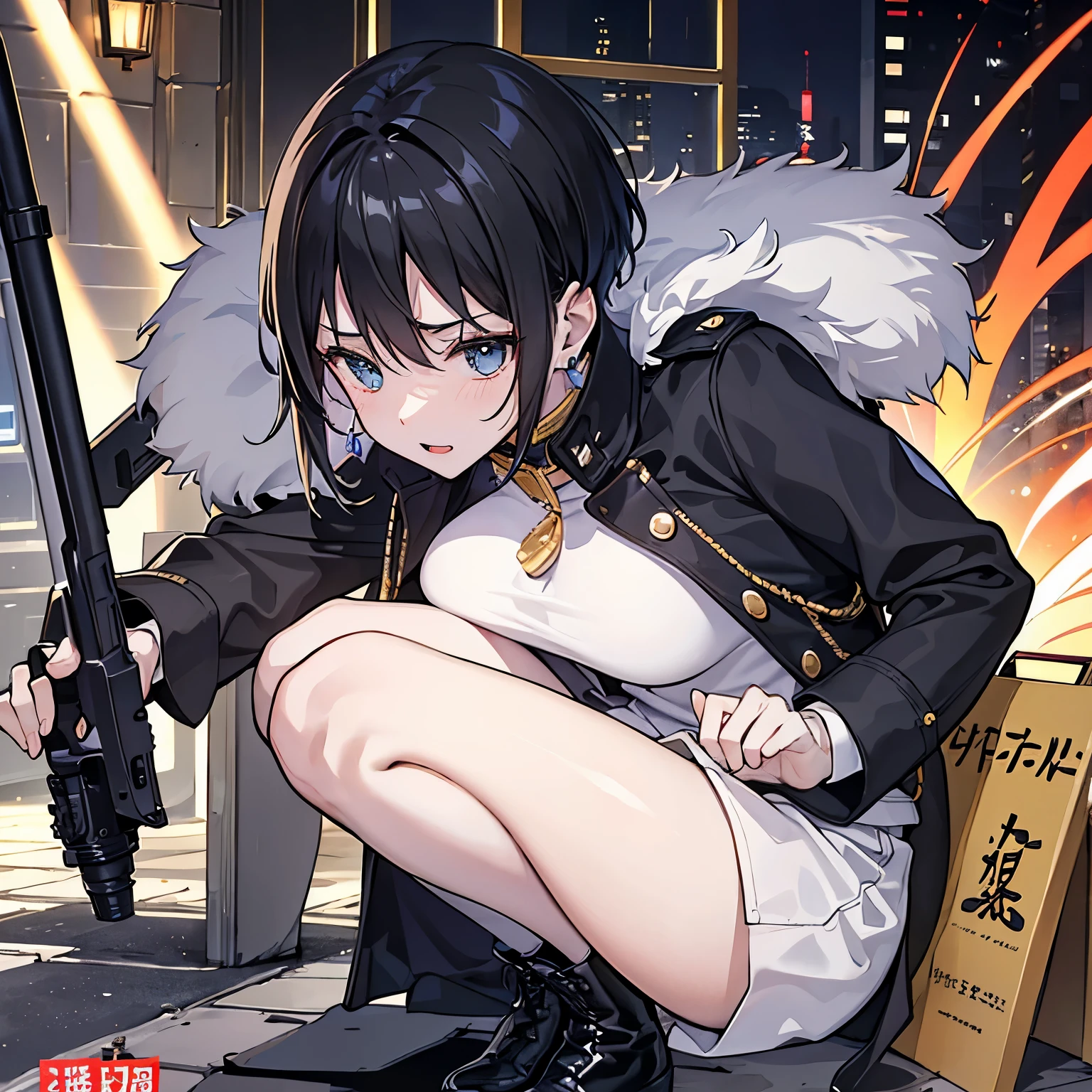 (((dramatic)))、(((rough)))、(((intense)))) 、((8K resolution))、((highest quality))、((masterpiece))、((Super detailed)) highest quality, masterpiece, alone,cat eyes、earrings、black hair、short hair、neutral、cool、hall々It was、vibrant、skinny、military jacket、fur、boots、Colorful accents in monochrome、テキストはBoldで目を引く、catchy slogans add to the overall drama and excitement、 photography、Tachi- e(magazine:1.3)、(coverスタイル:1.3)、trend、focusing、stylish、majestic、coiled、surroundings、touch、scene、article、cover、Bold、to attract attention、title、fashion、font、catchy、title、big、to attract attention、modern
