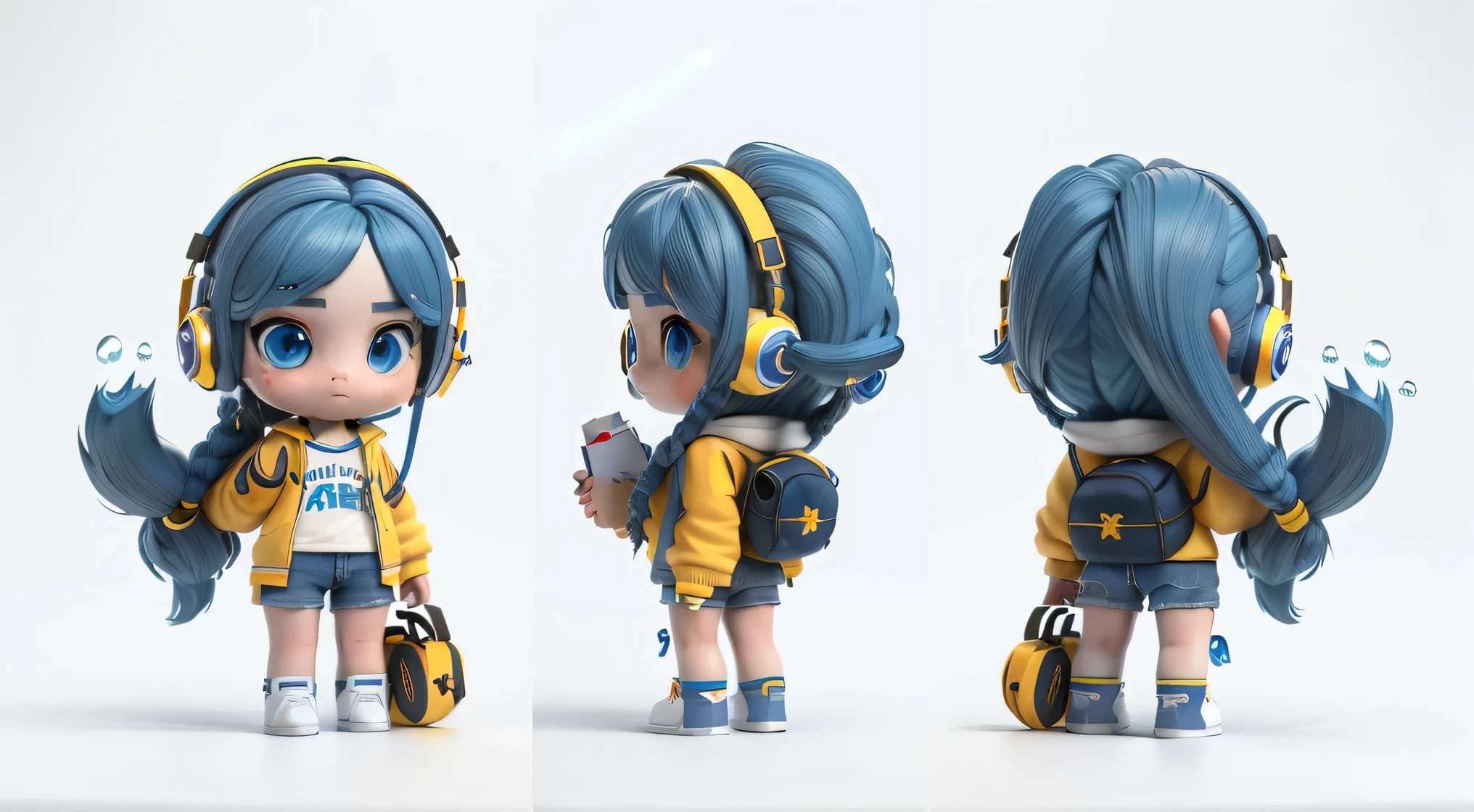 ((masterpiece, best quality)),(complex lighting),3d ,Three View ,girl,whole body, blue eyes ,, Long blue hair, Wearing yellow headphones，white sweatshirt, Plaid jacket light blue denim shorts, black blue schoolbag，Blue sneakers，simple background, White background, Transparent blue water droplets spray from the top of the head