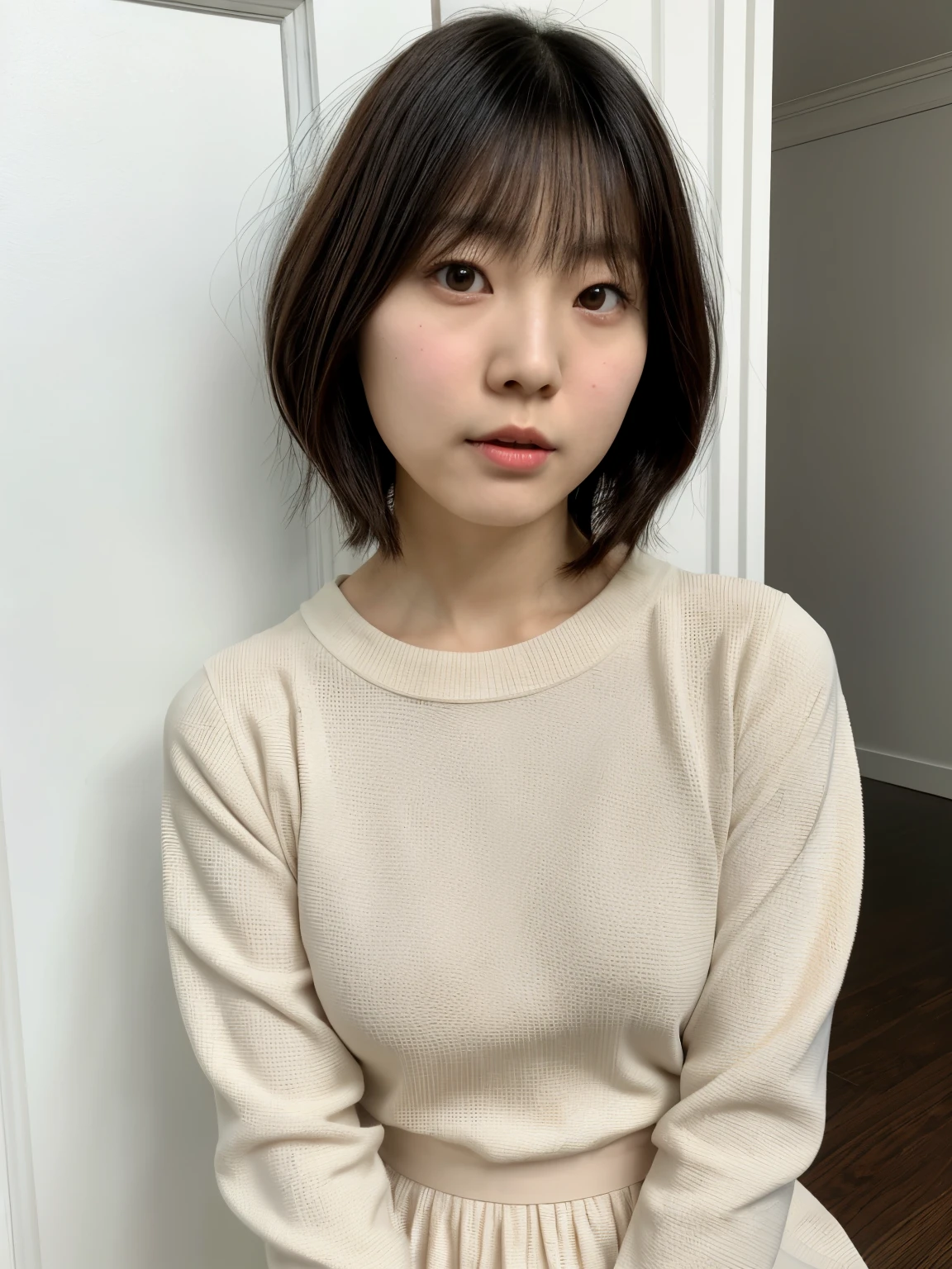 table top、japanese woman、RAW photo (30 year old girl),Black long sleeve dress,realistic skin, (high detail skin:1.2),Taken in front of the white door,spring colors,realistic, film grain,bright colors,beautiful face,soft natural light、short hair、bob cut、bob hair、A hairstyle where the ends of the hair are curled outwards