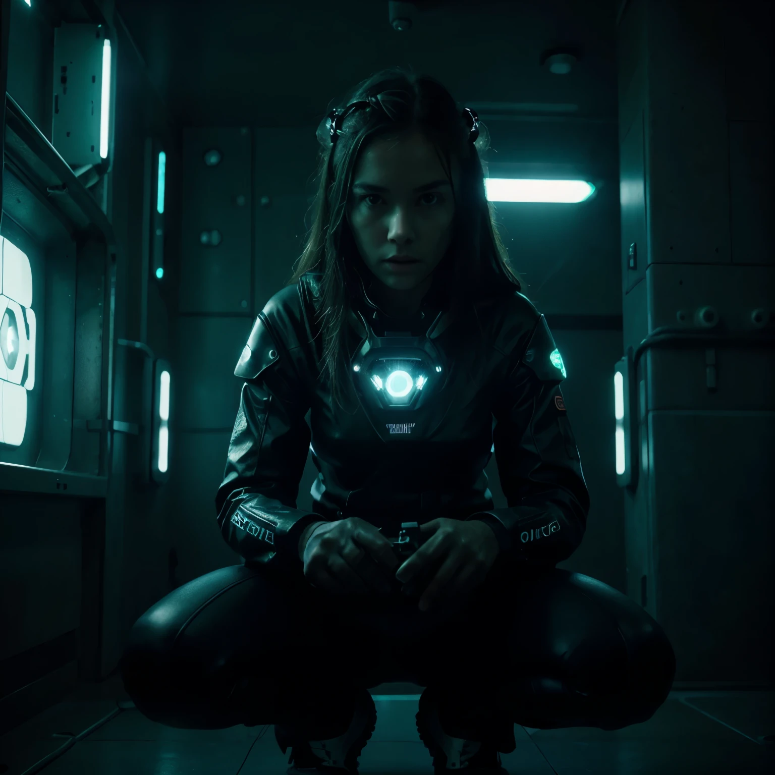 (grainy:0.5), cinematic,girl, space, serious, detailed eyes, detailed face, detailed futuristic clothes, lights in clothes, (aiming gun:1.1), (hiding:1.1), (squatting, looking to side:1.1), volumetric lighting, isolation, horror, dark lighting, red bioluminescent details, green bioluminescent details, blue bioluminescent details