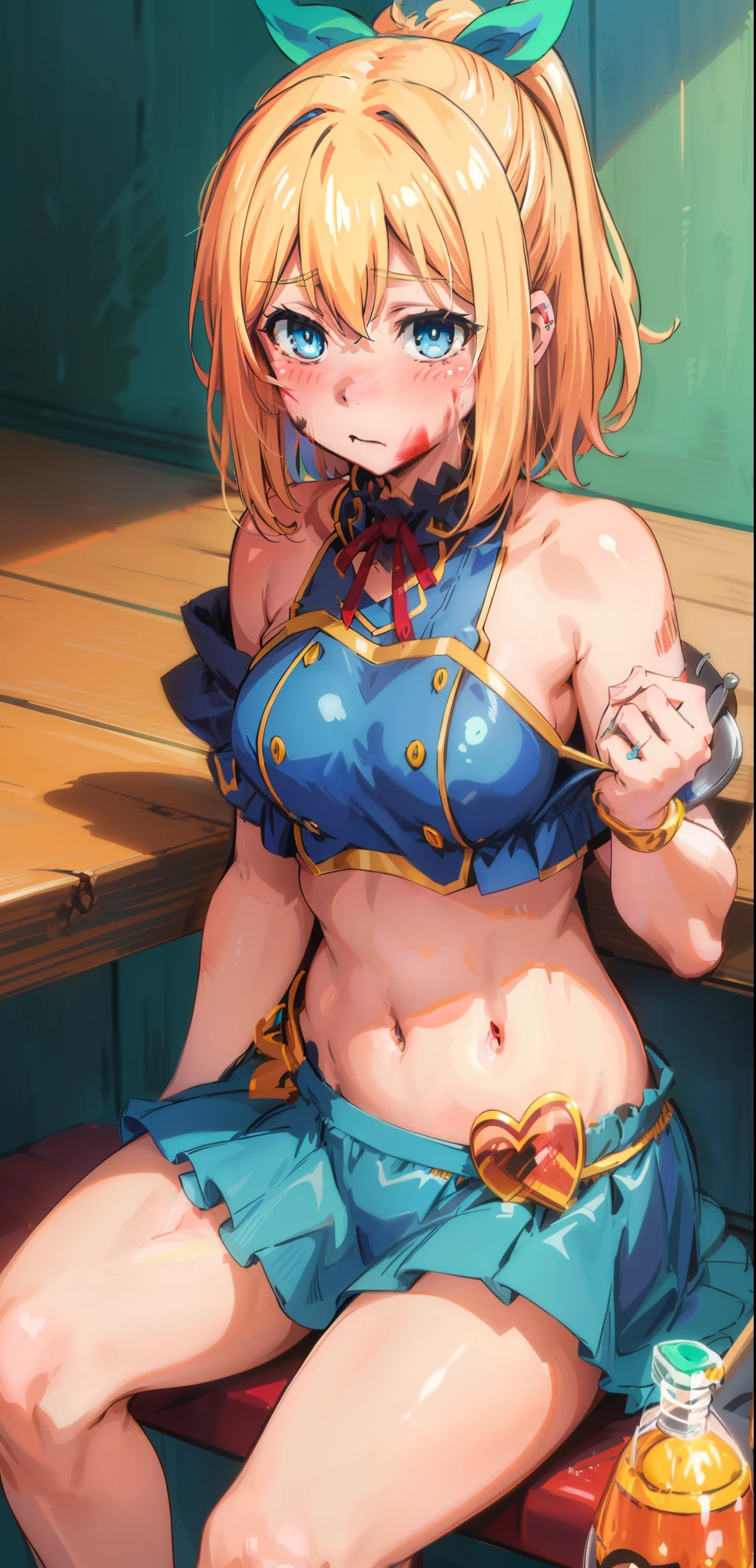 best quality, (masterpiece:1.2), detailed, medieval,
Rumia Tingel,
1girl, solo, ((blush)),
medium hair, blonde hair, short ponytail, blue eyes, green bow, x hair ornament,
((( blue eyes, ultra-detailed eyes))),
Dynamic pose, ((blush)), medium breasts,  medium hair,  background, perfect anatomy, healthy skin,  glowing eyes, cat ears. ((((sitting in a bar)))). ((((( navel, healthy skin))))),  confident. Cum, cum on face, sex.