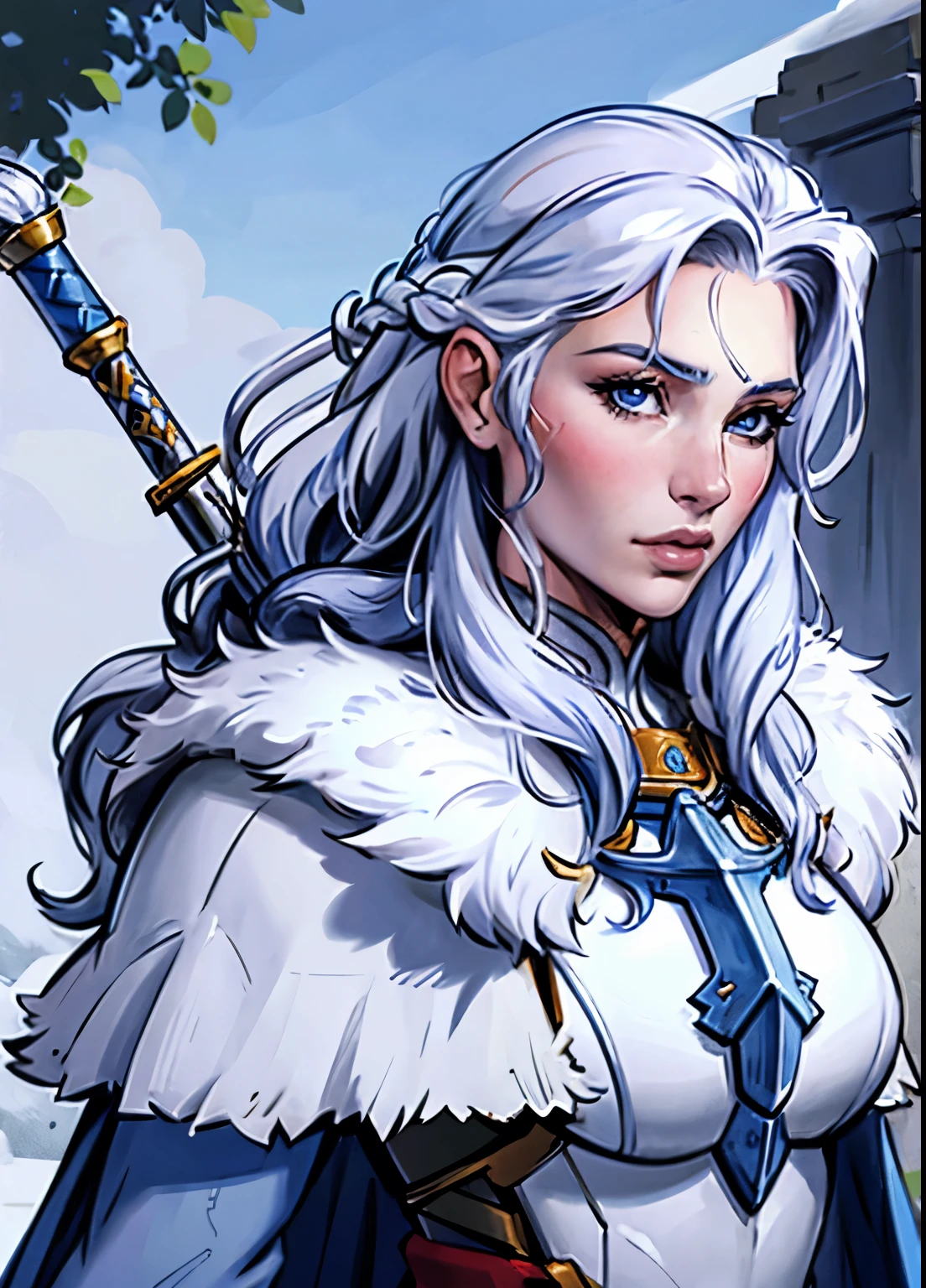 beautiful woman, archer warrior, white fur cloak, blue armor, white long hair, wavy hair, (closeup, portrait shot), (solo), realistic