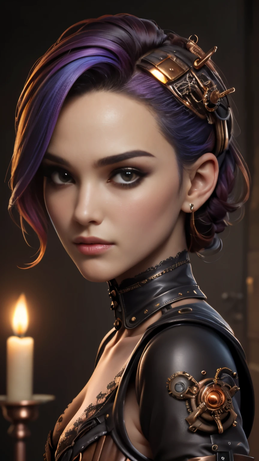 photo of celebrity, RAW, beautiful woman, ((portrait)), ((detailed face, colorful rainbow hair:1.2)), ((detailed facial feature, detailed skin, clear skin, parted lips), (perfect proportioned body, medium breasts, cleavage), (wearing a domineering mistress outfit, dressed entirely in shiny leather, purple eyeshadow, dark makeup, NSFW: 1.5)), (high detailed dark bedroom lit by candles, walls, decorated with chains and whips: 1.3), (realistic photo, best quality, detailed), (8k wallpaper), (cinematic lighting, dramatic lighting) (sharp focus, intricate)