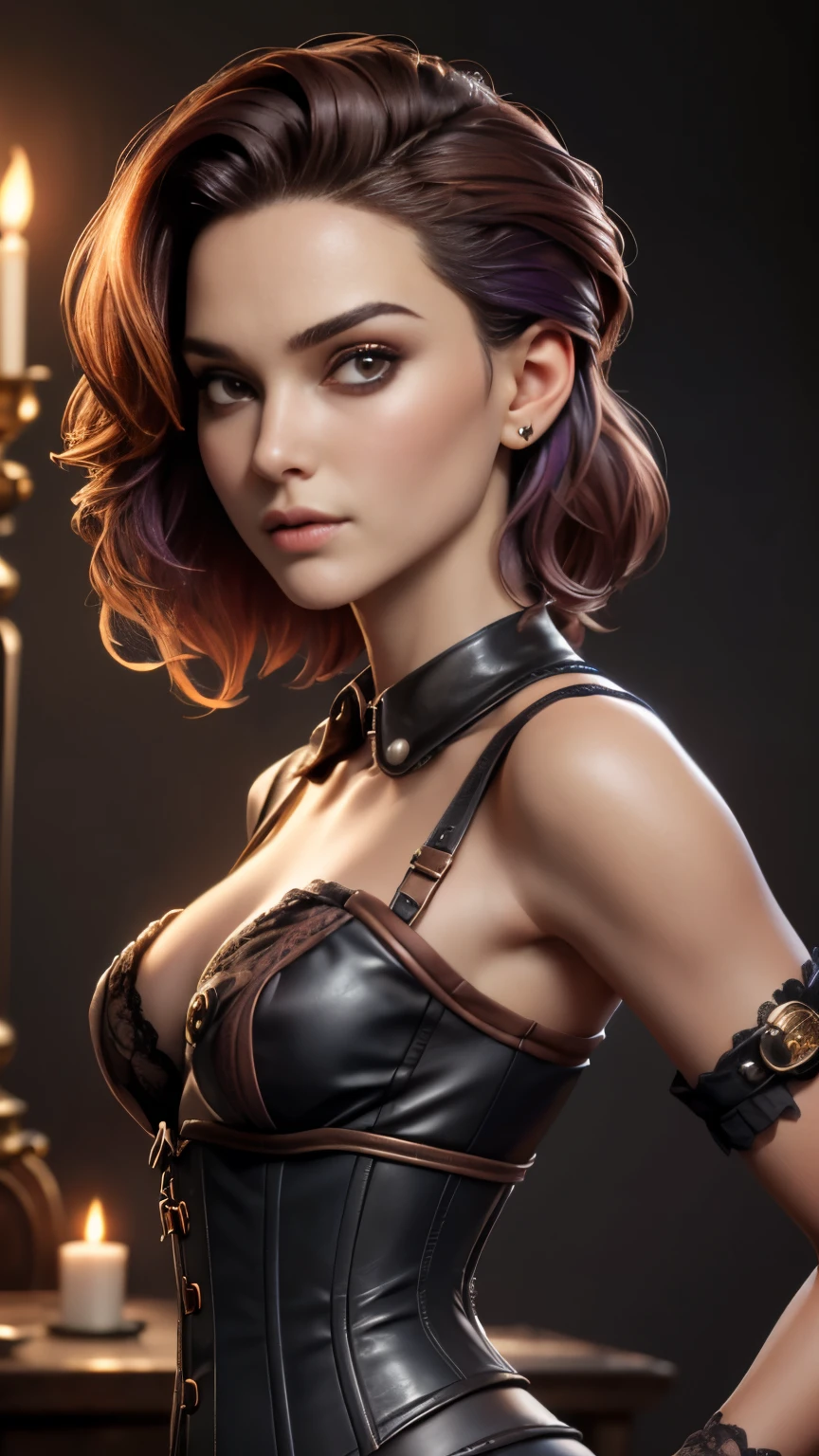 photo of celebrity, RAW, beautiful woman, ((portrait)), ((detailed face, colorful rainbow hair:1.2)), ((detailed facial feature, detailed skin, clear skin, parted lips), (perfect proportioned body, medium breasts, side boob), (wearing a steampunk outfit with lace, leather corset, ornamental copper parts, portrait, pleated skirt: 1.5)), (high detailed dark bedroom lit by candles: 1.3), (side profile, looking at camera: 1.25), (realistic photo, best quality, detailed), (8k wallpaper), (cinematic lighting, dramatic lighting) (sharp focus, intricate)