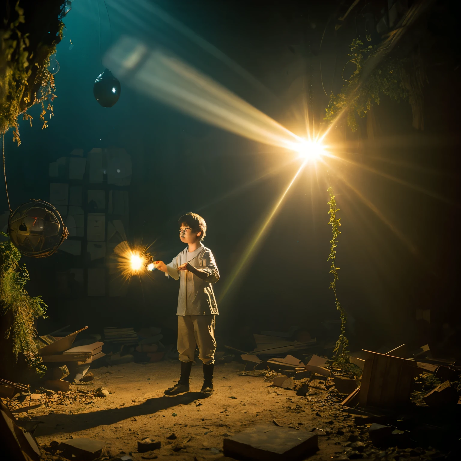 Young sorcerer with ball of light in hand floating and shining, in the ruins