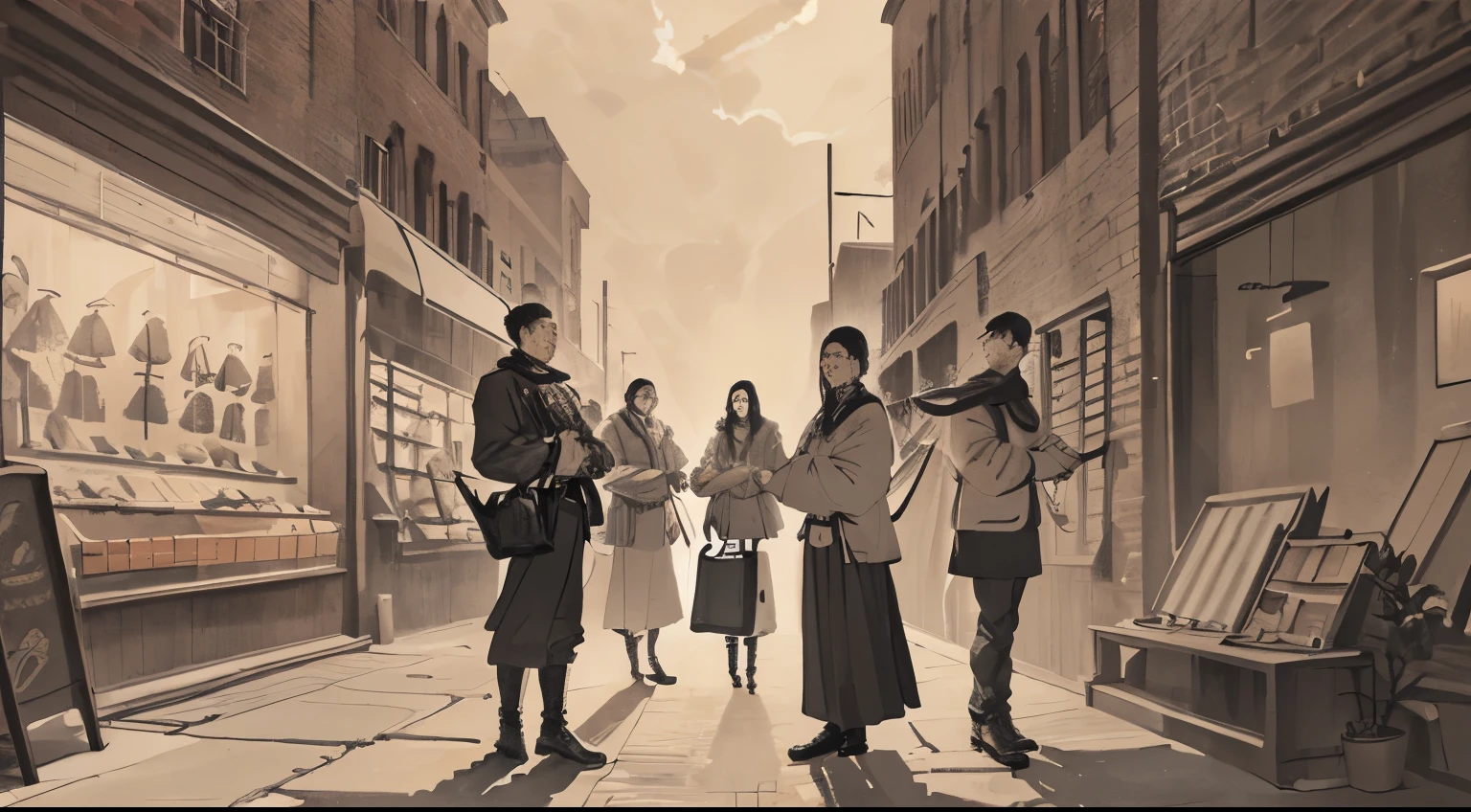 "A group portrait of confident individuals with distinct personalities, standing in front of a textured brick wall, holding banners and shopping bags ,exuding an edgy and cool vibe, illuminated by dramatic rim lighting, showcasing intricate details."