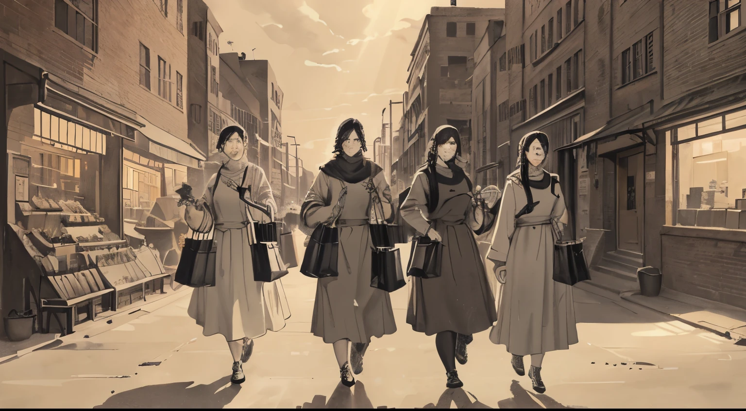 "A group portrait of confident individuals with distinct personalities, standing in front of a textured brick wall, holding shopping bags ,exuding an edgy and cool vibe, illuminated by dramatic rim lighting, showcasing intricate details."