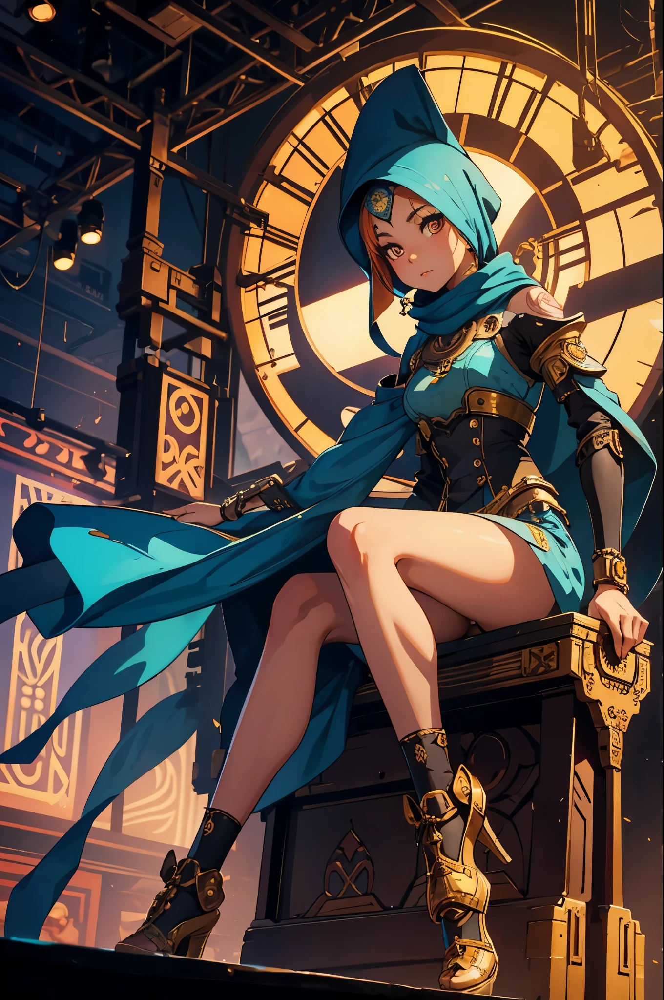 Sitting on a stool on a stage is a obviously steam punk mechanical puppet of a Malaysian woman, she has back lit eyes, a colorful Hijab (no hair showing) and a matching dress.