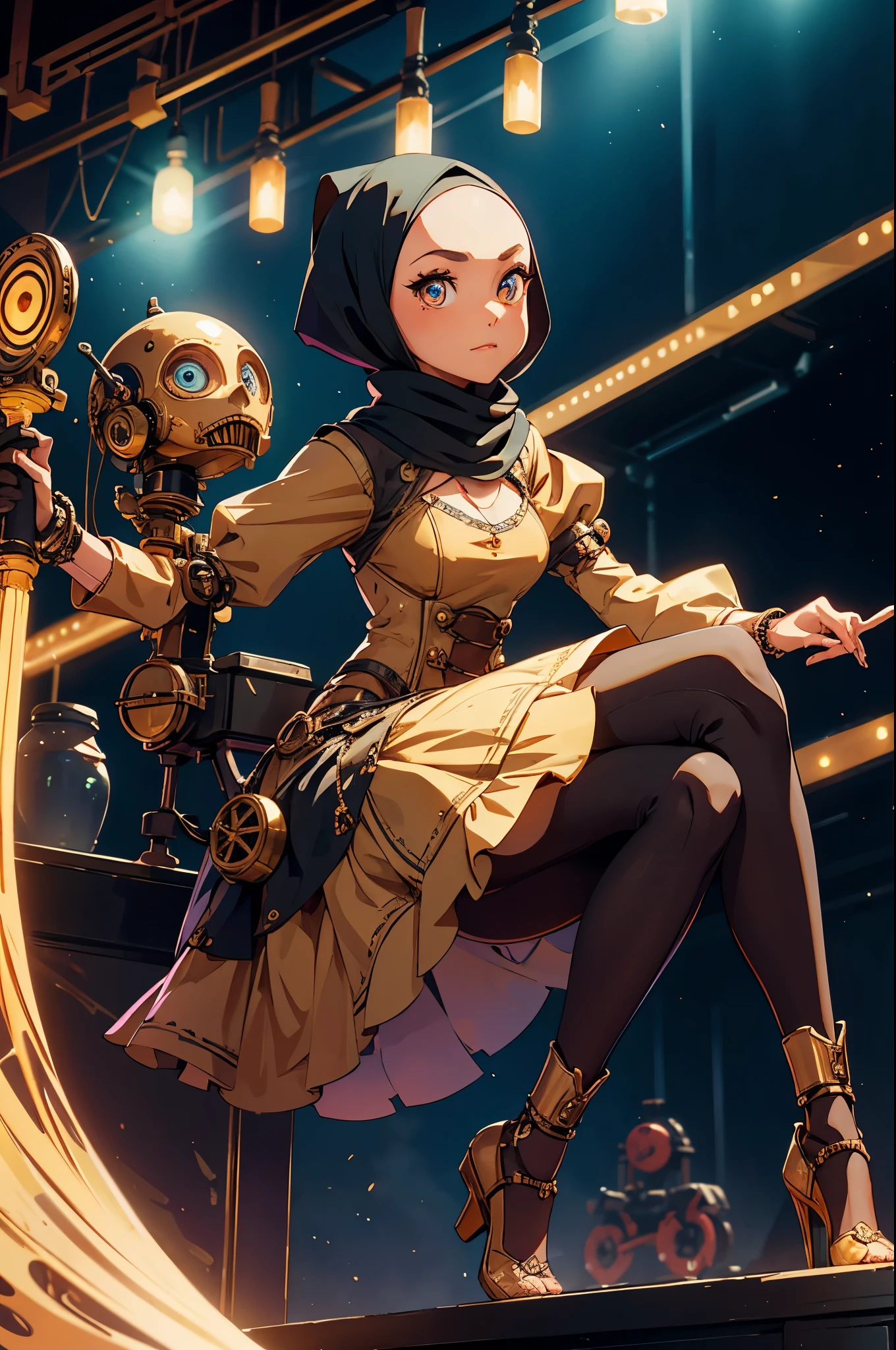 Sitting on a stool on a stage is a obviously steam punk mechanical puppet of a Malaysian woman, she has back lit eyes, a colorful Hijab (no hair showing) and a matching dress.