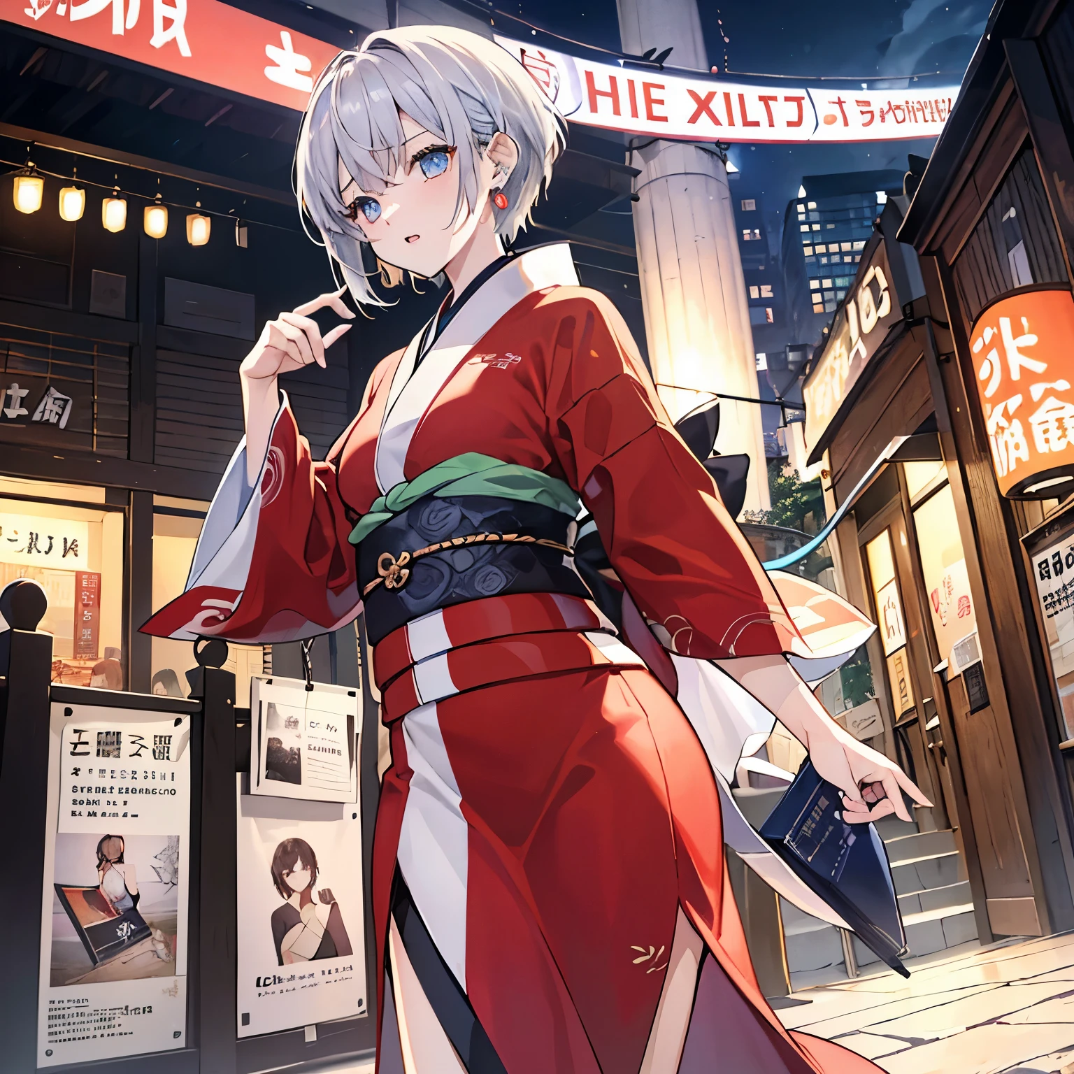 ((8K resolution))、((highest quality))、((masterpiece))、((Super detailed)) (((dramatic)))、(((rough)))、(((intense)))) 、highest quality, masterpiece, alone,earrings、short hair、two block、tall、adult woman、neutral、cool、hall々It was、vibrant、colorful、kimono、naked、テキストはBoldで目を引く、catchy slogans add to the overall drama and excitement、 photography、Tachi- e(magazine:1.3)、(coverスタイル:1.3)、trend、focusing、stylish、majestic、coiled、surroundings、touch、scene、article、cover、Bold、to attract attention、title、fashion、font、catchy、title、big、to attract attention、modern