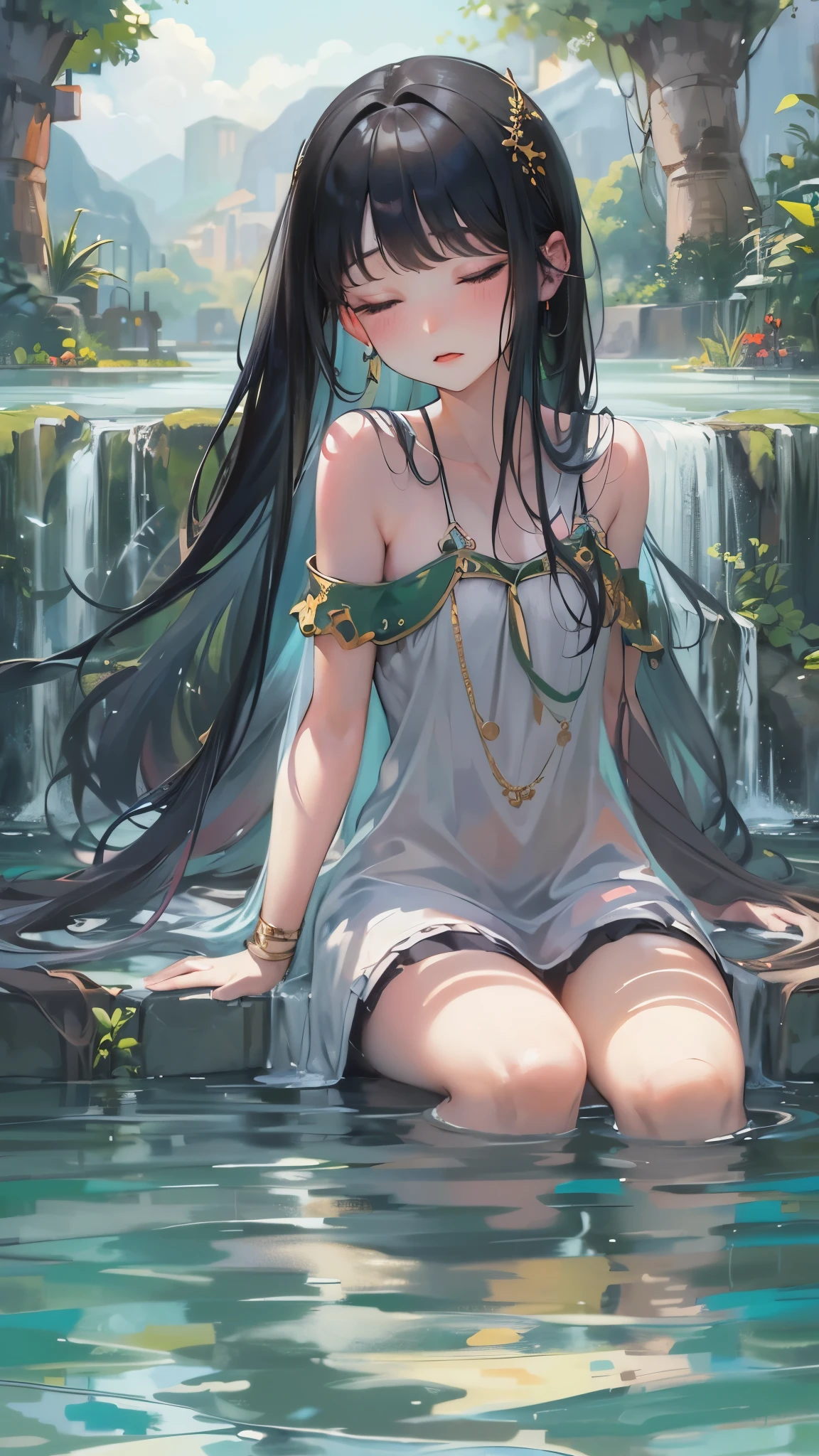 ((Masterpiece)), little tribal, ((little lolismall tiny body, petite, very blush, (6 years (flat chest), ((long twin braids)), tight braids, braided hair, long hime cut, dark hair, black hair, ((pale purple_eyes)), intricate eyes, beautiful detailed eyes, symmetrical eyes, (big eyes:1.5), (lustrous skin:1.5), tanned skin, (bright skin), (detailed face), beautiful detailed sexy lips, (side breast), loincloth, strapless, midriff, navel, barefoot, bare arms, jewelry, red loincloth with no panties, (tubetop), hair ornament, exposed belly button, necklace, slim waist, (tribal clothing), (tribal body paint), skinny, dynamic pose, embarrassed, centered, scale to fit dimensions, (outdoors), overgrown, extremely scenery, (glowing crystals, bioluminescent plants), moss on the background, clouds,lily pads, palms, reeds, (sunset, golden hour), Ray tracing, Sun glare, By backlight effect, ((vibrant colors, vibrant theme)), (intricate), ultra-detailed