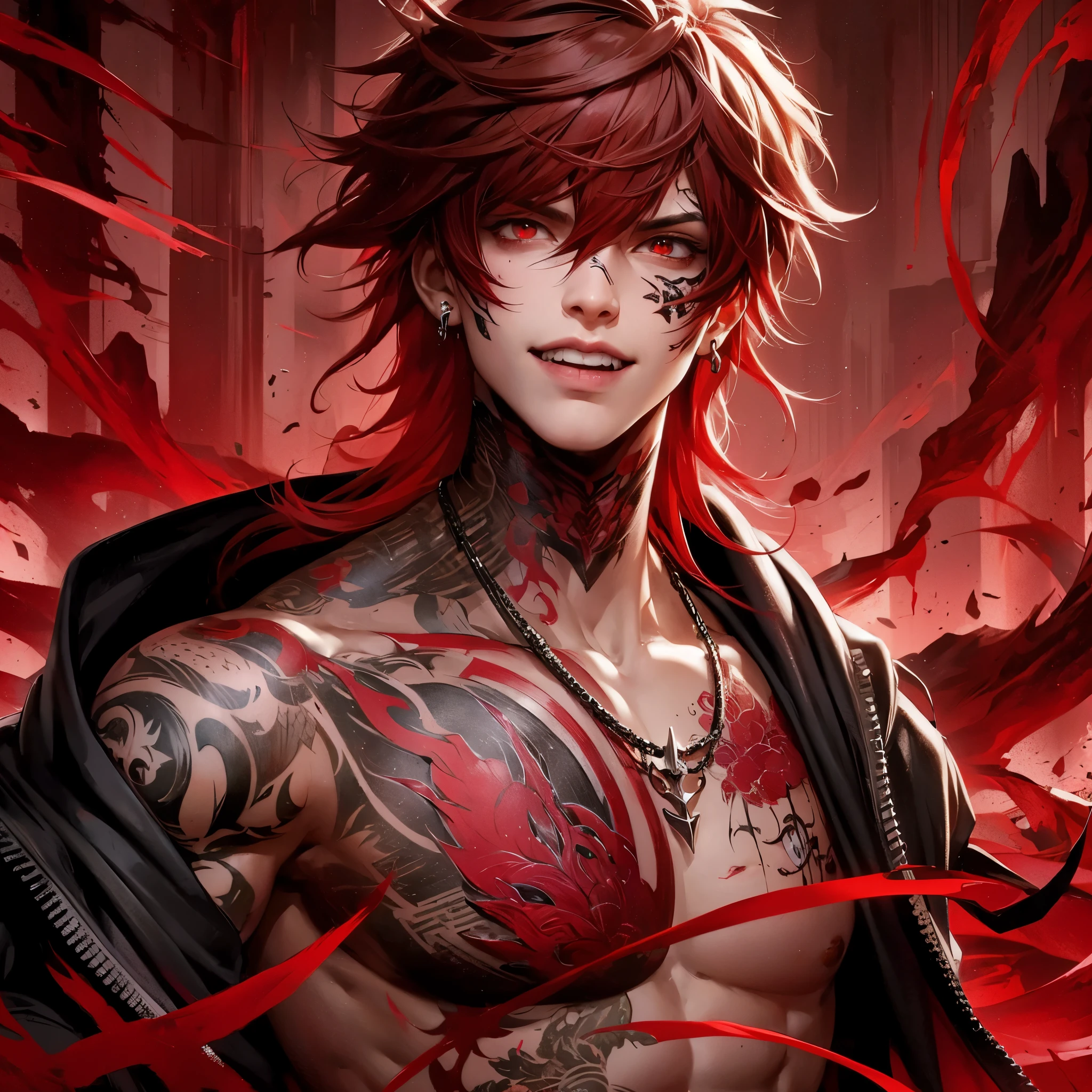 a fantasy novel 3d Jujutsu Kaitsen anime style of a character portrait. He is 20 years old. He has unkempt red hair and face tattoos all over his face, dark red eyes and an evil bully laugh. He's muscular with more black tattoos, red energy leaving him, red demons surround him. Pose. Length picture. Cool portrait pose. Full far Length portrait. reddish deserted destroyed dystopian background. Dark tragic theme.