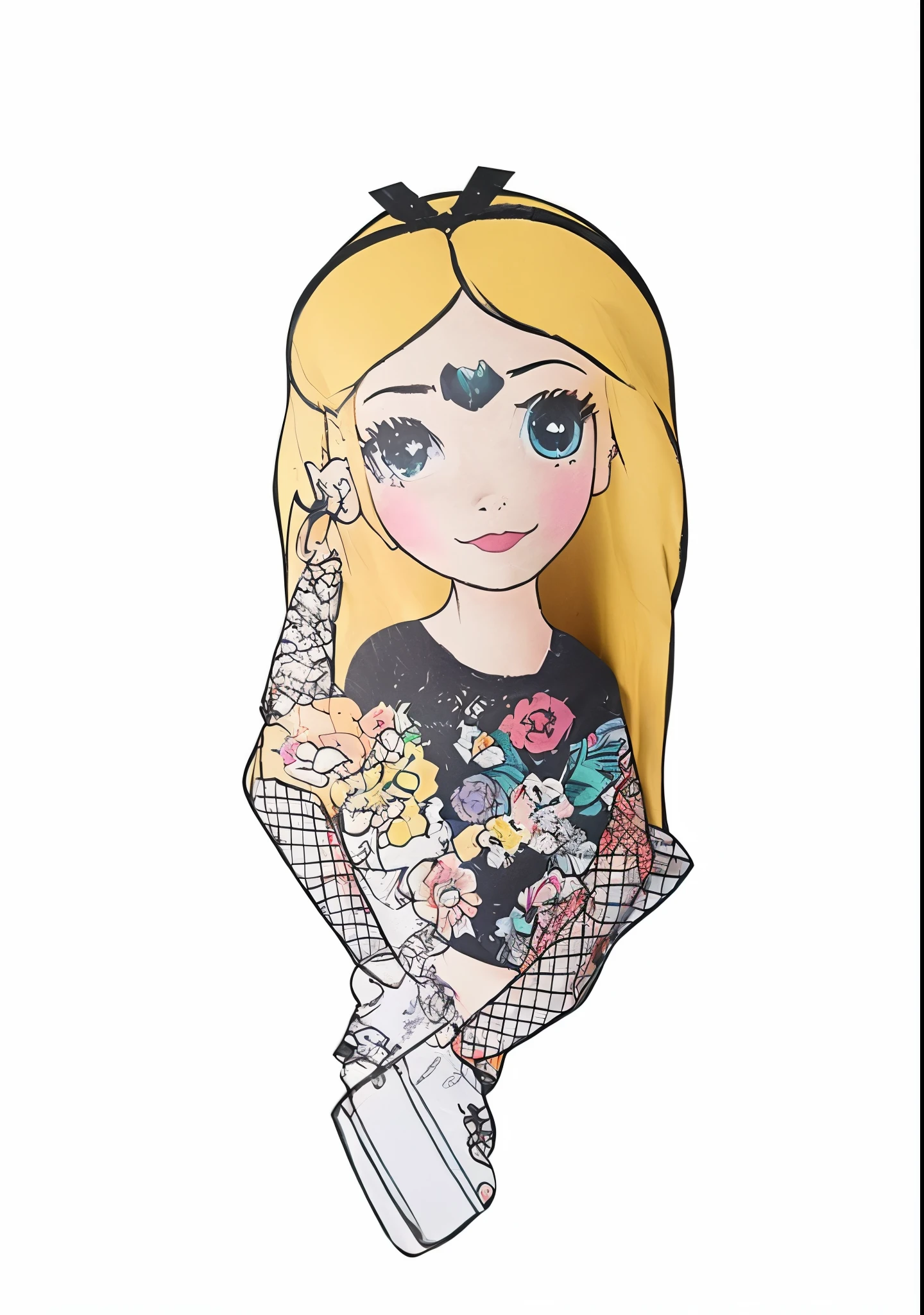 Close-up of paper doll,There was a girl on it, portrait of kim petras, chibi, cartoon style, Devon Cady Lee, Inspired by Mabu Graves, cute cartoon, Inspired by Jasmine Beckett Griffiths, Blonde hair and big eyes, betty cooper, art doll, long Blonde hair and big eyes, lovely artwork, Cartoon look