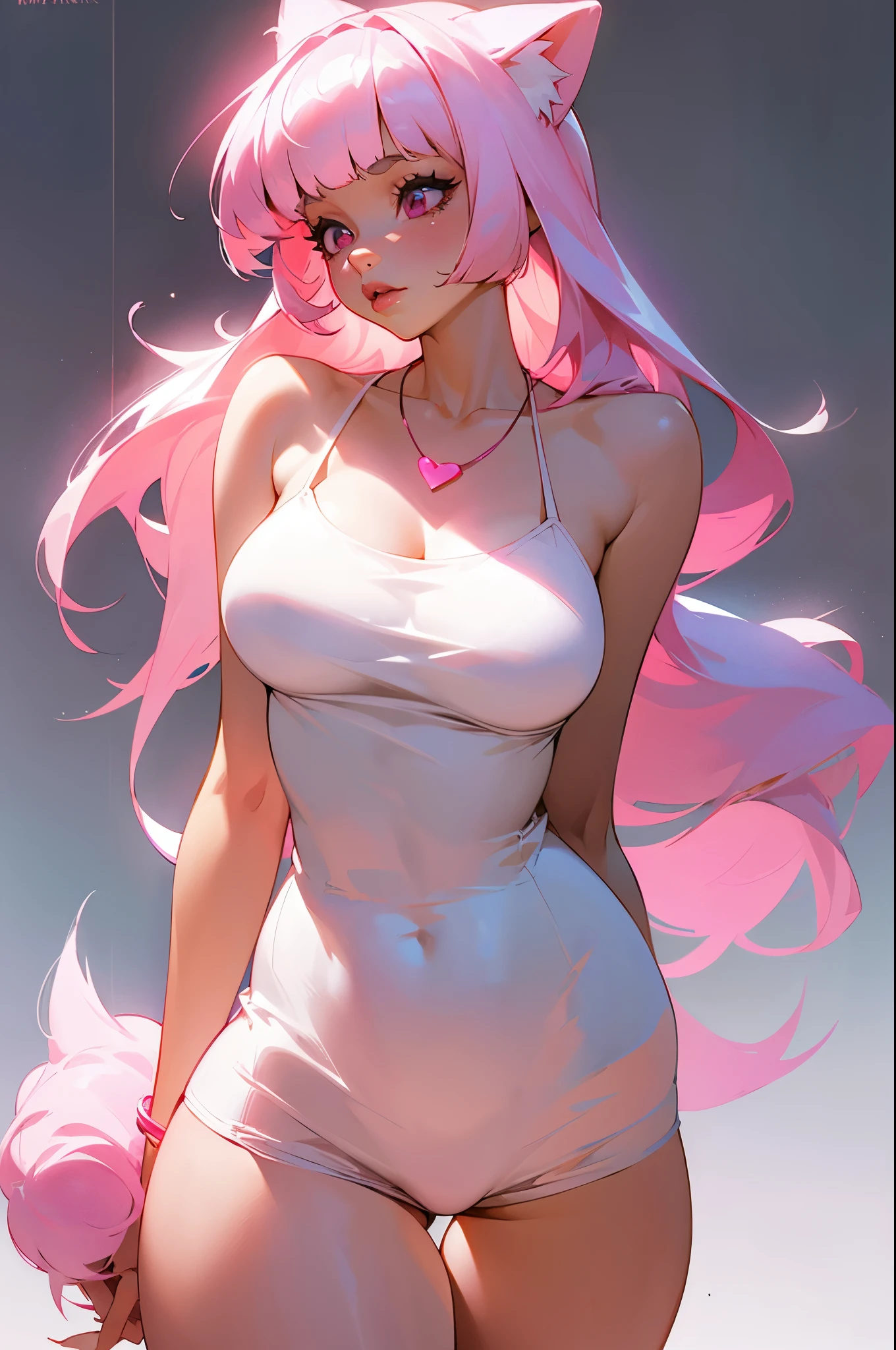 1 Girl Long Pink Hair, Blunt Bangs, Light Pink Eyes, Perfect Body Slim Curves, Big Lips, Split Lips, Soft Beauty, Shy, Sexy, Wearing Pure White Camisole, Wearing Pink Shorts, Pink Dog Ears, Pink Dog Tail, White Necklace, Outtown Background, Absurd, High Resolution, Super Sharp, 8K, Masterpiece ...