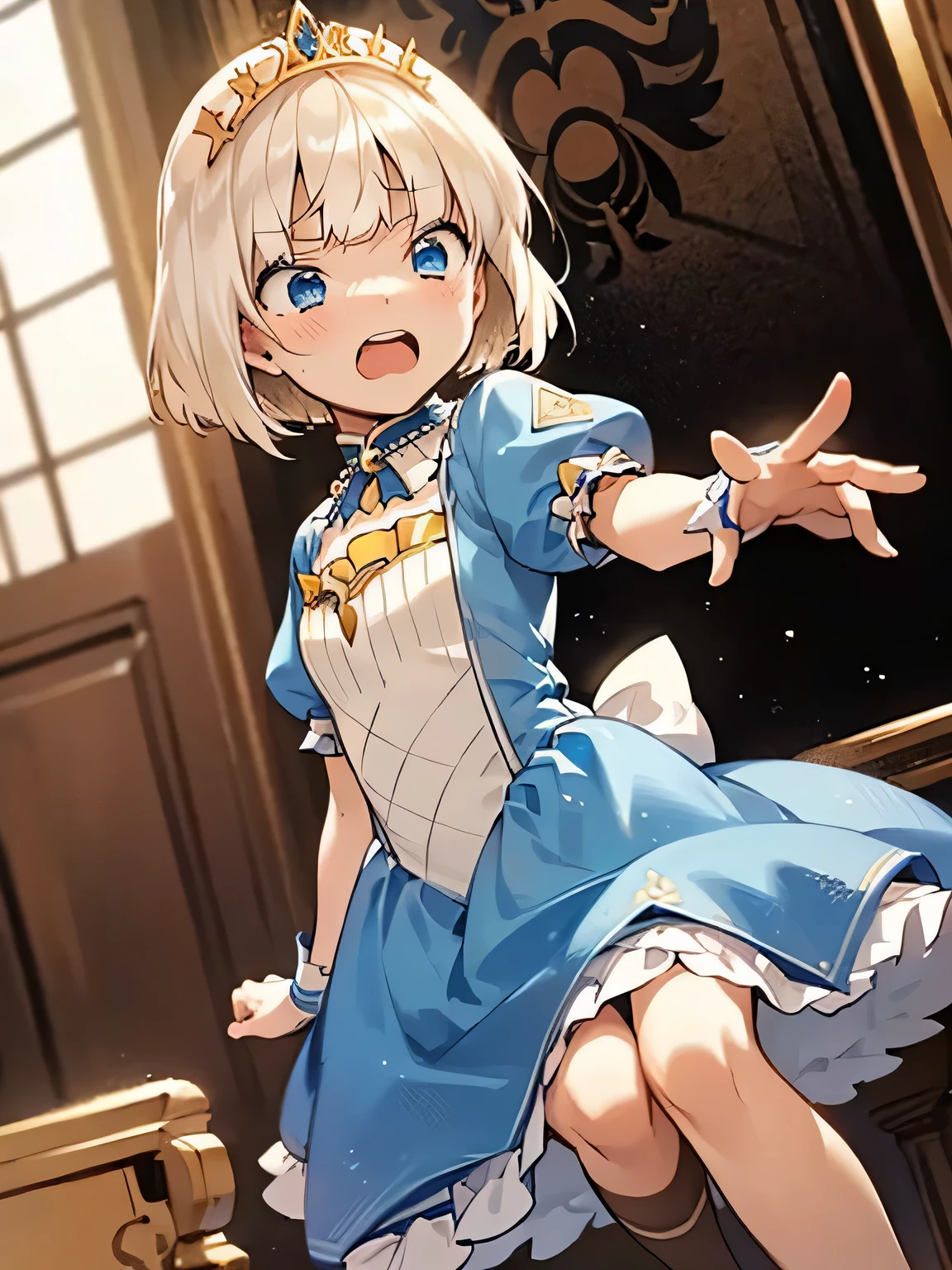 Princess Blue Dress、gold tiara、Transparent pure white skin、Glossy skin、long hair、golden hair、blue eyes、room、blush、skinny、view from below、squat with legs apart、crying face、small mouth、emphasize the muscles of the pussy、belly button、((10 years old))、(((Masturbation with hand inside white panties)))、