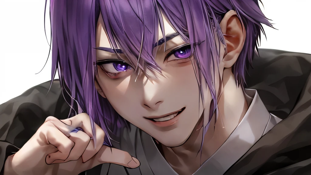 Avatar of a purple-haired man，juvenile，young people，middle parted hairstyle，Japanese manga style，There is blood on the face，Wipe the corners of your mouth with your hands的血，Wipe the corners of your mouth with your hands，Feeling，sharp eyes，Grinning，strong light and shadow，Thick coating，Fine detail in light and shadow，beautiful purple eyes，White background，laughing out loud