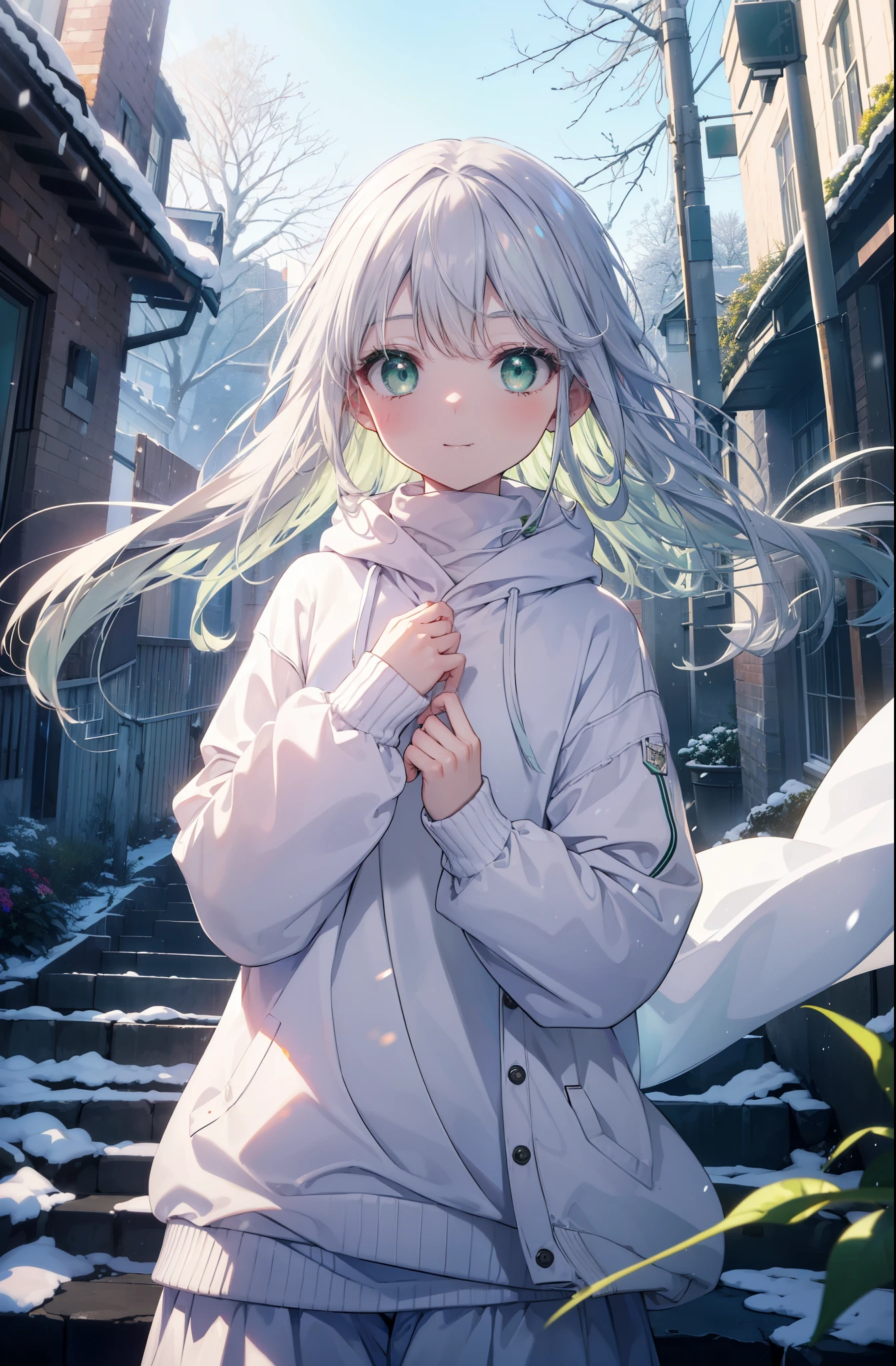 index, index, (green eyes:1.5), silver hair, long hair,smile, (flat chest:1.2),blush,smile,open your mouth,white long hoodie,gray long skirt,sneakers,Both hands are in the pockets of the hoodie,winter,cold sky,that&#39;It&#39;s snowing,morning,morning日,日の出
break looking at viewer, Upper body, whole body,
break outdoors, garden,
break (masterpiece:1.2), highest quality, High resolution, unity 8k wallpaper, (shape:0.8), (fine and beautiful eyes:1.6), highly detailed face, perfect lighting, Very detailed CG, (perfect hands, perfect anatomy),
